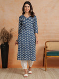 Antaran Blue Pure Cotton Printed Kurta With V Neck