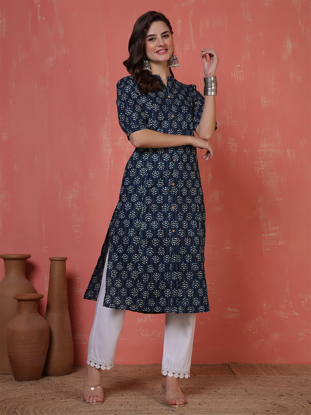 Antaran Blue Pure Cotton Front Buttoned Indigo Printed Kurta
