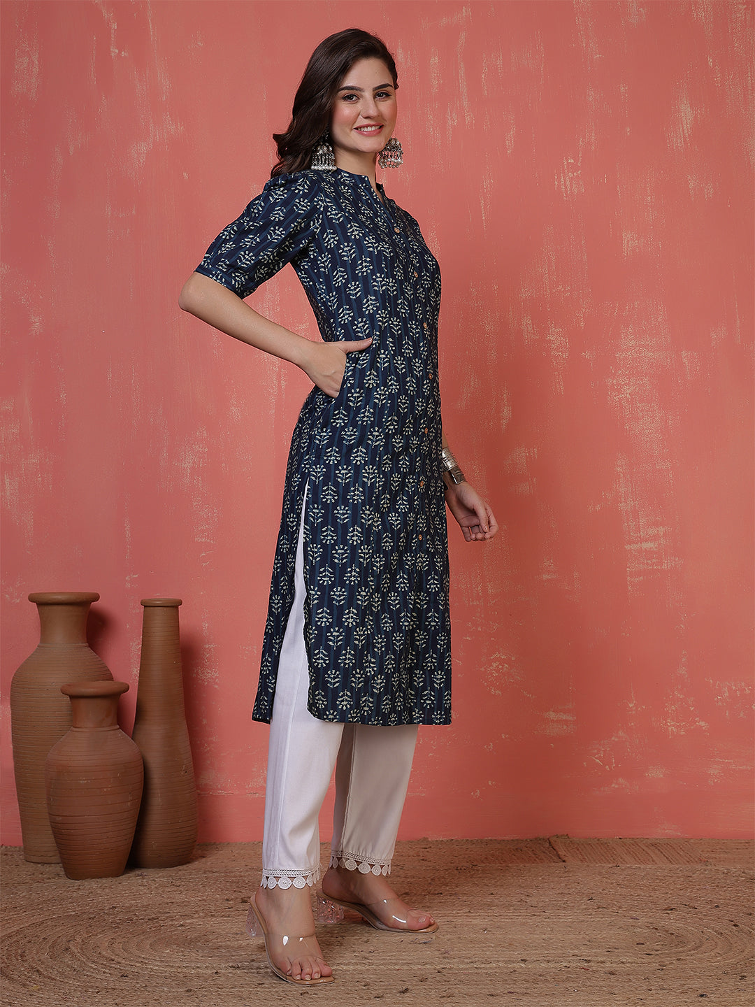 Antaran Blue Pure Cotton Front Buttoned Indigo Printed Kurta