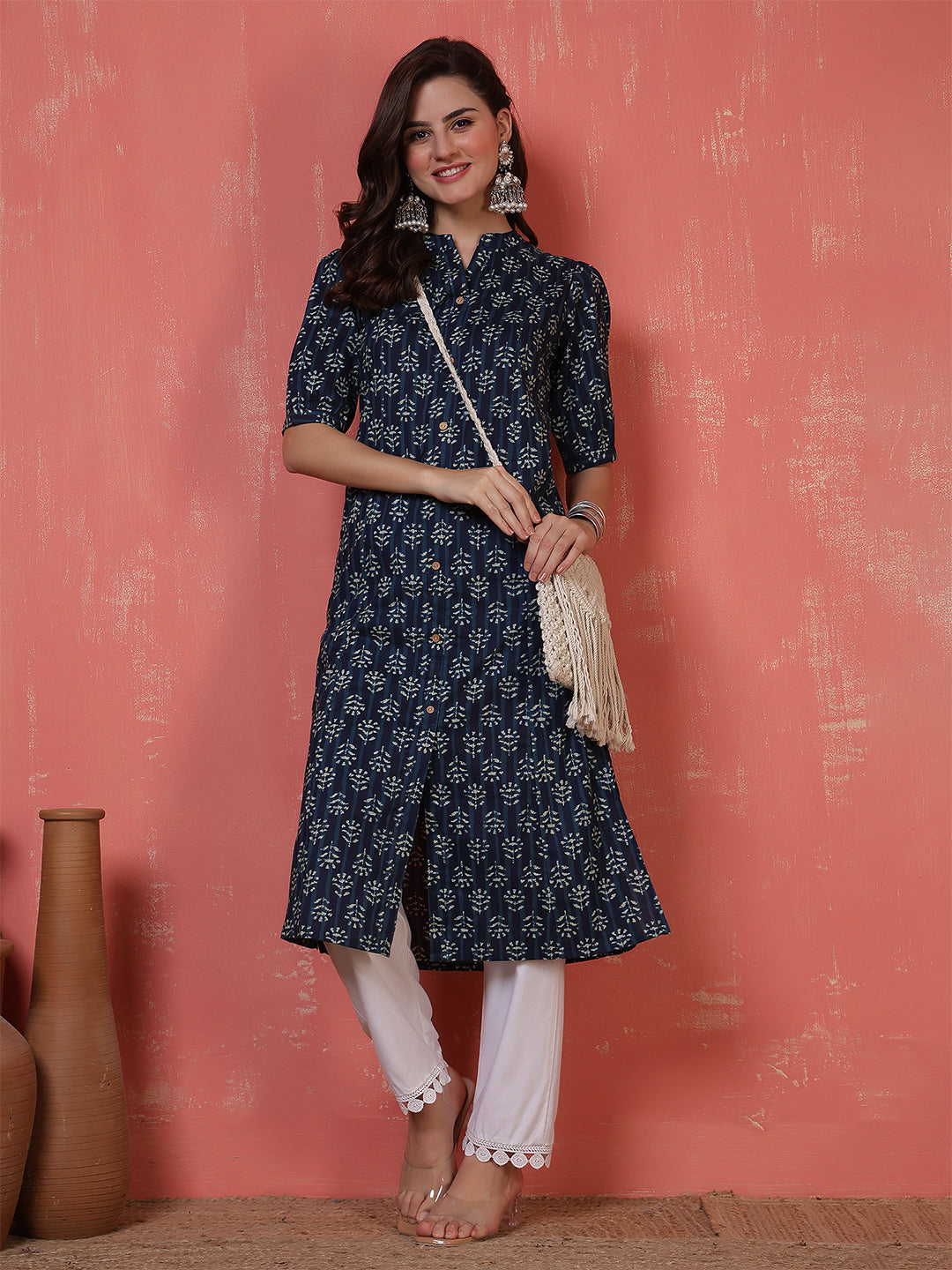 Antaran Blue Pure Cotton Front Buttoned Indigo Printed Kurta