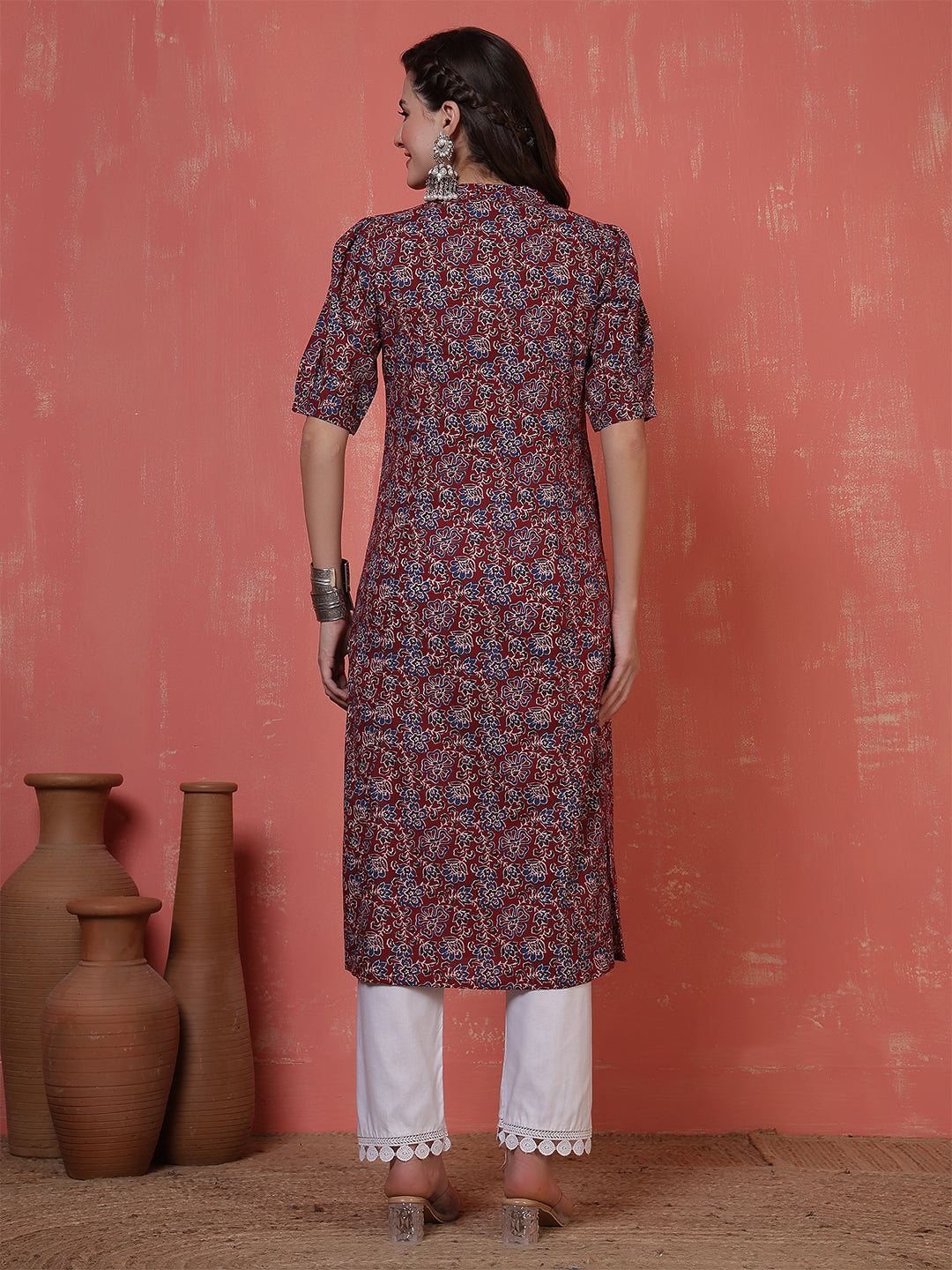 Antaran Maroon Pure Cotton Front Buttoned Printed Kurta
