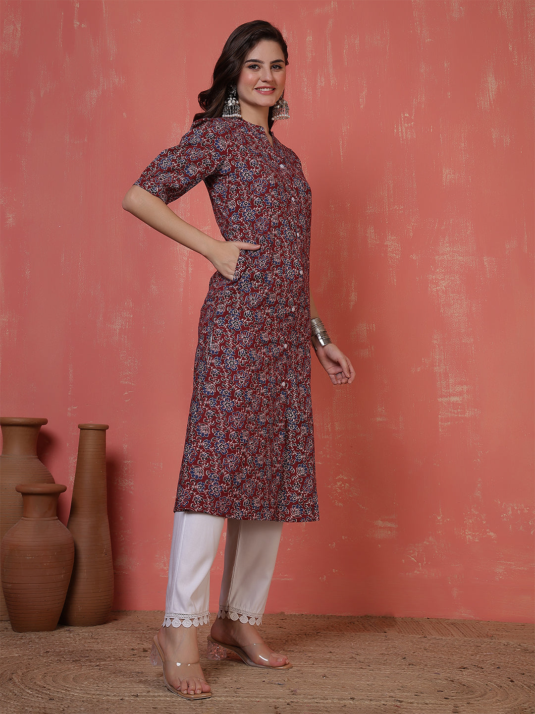 Antaran Maroon Pure Cotton Front Buttoned Printed Kurta
