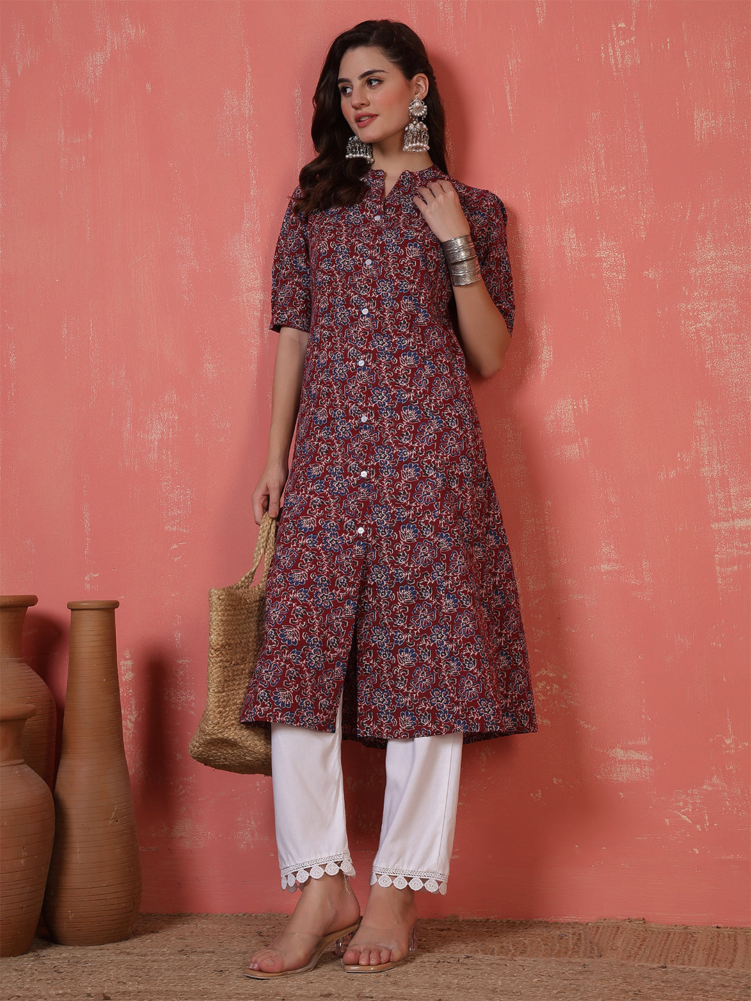 Antaran Maroon Pure Cotton Front Buttoned Printed Kurta