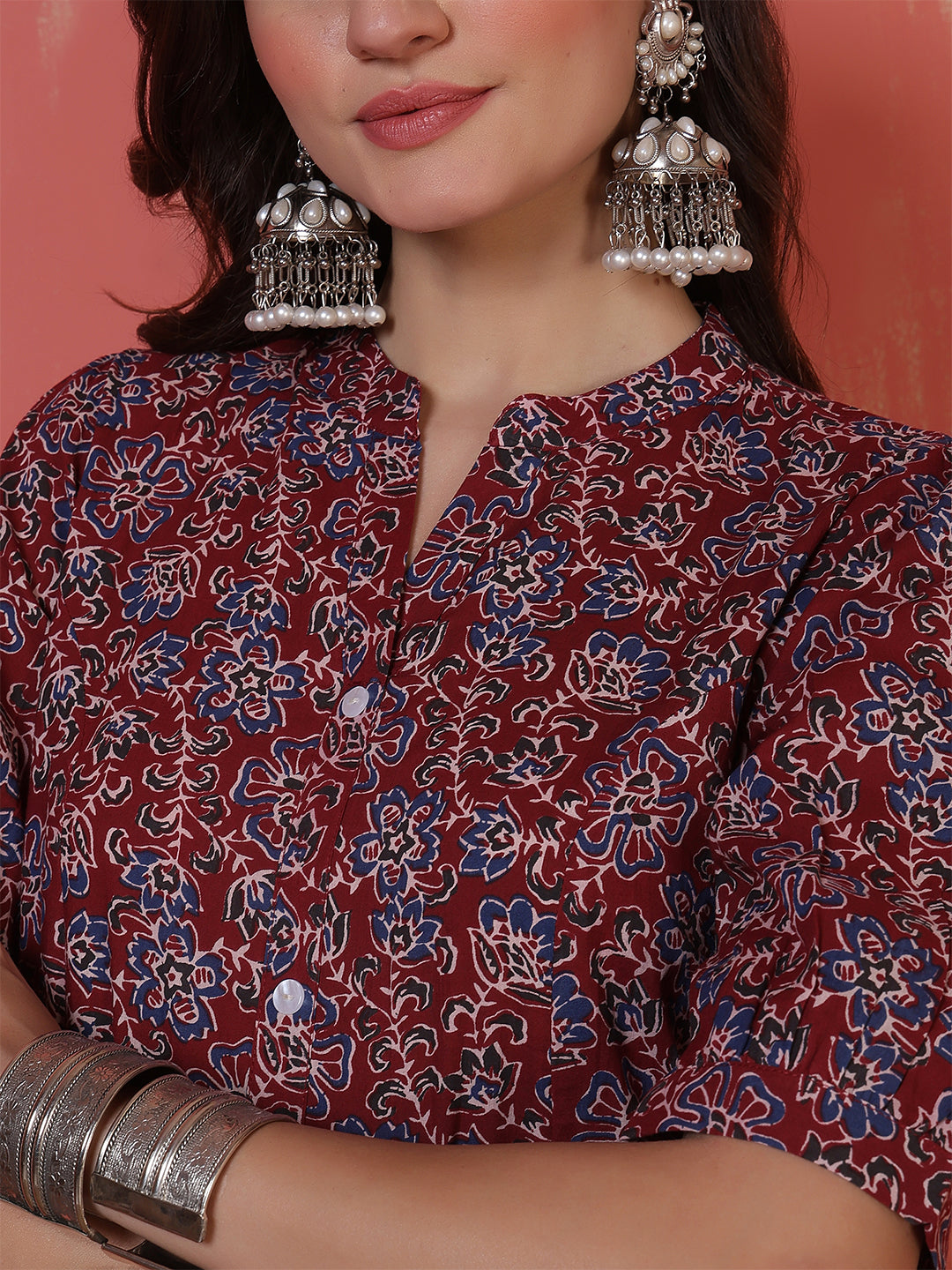 Antaran Maroon Pure Cotton Front Buttoned Printed Kurta