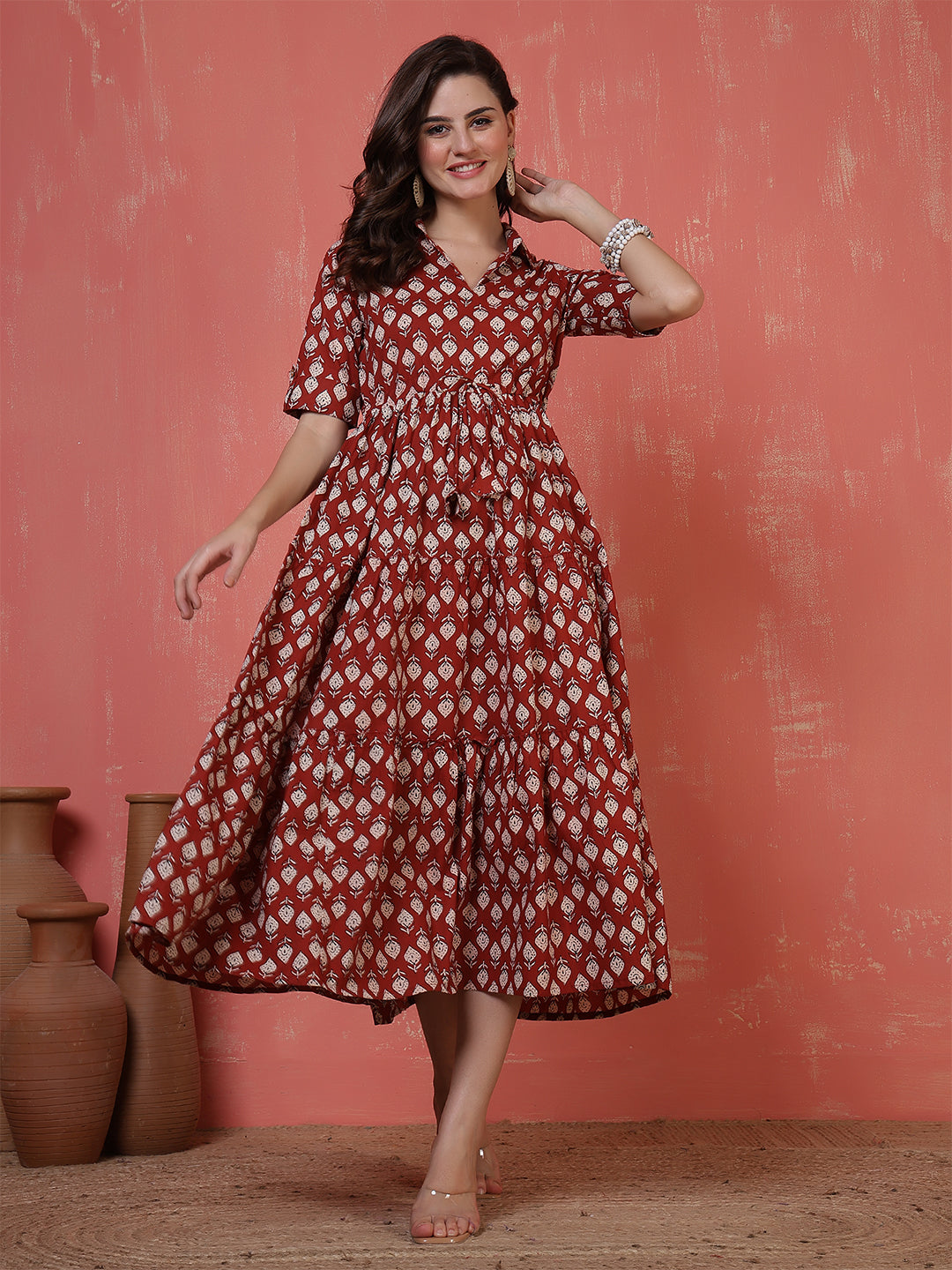 Antaran Maroon Pure Cotton Tiered Printed Dress