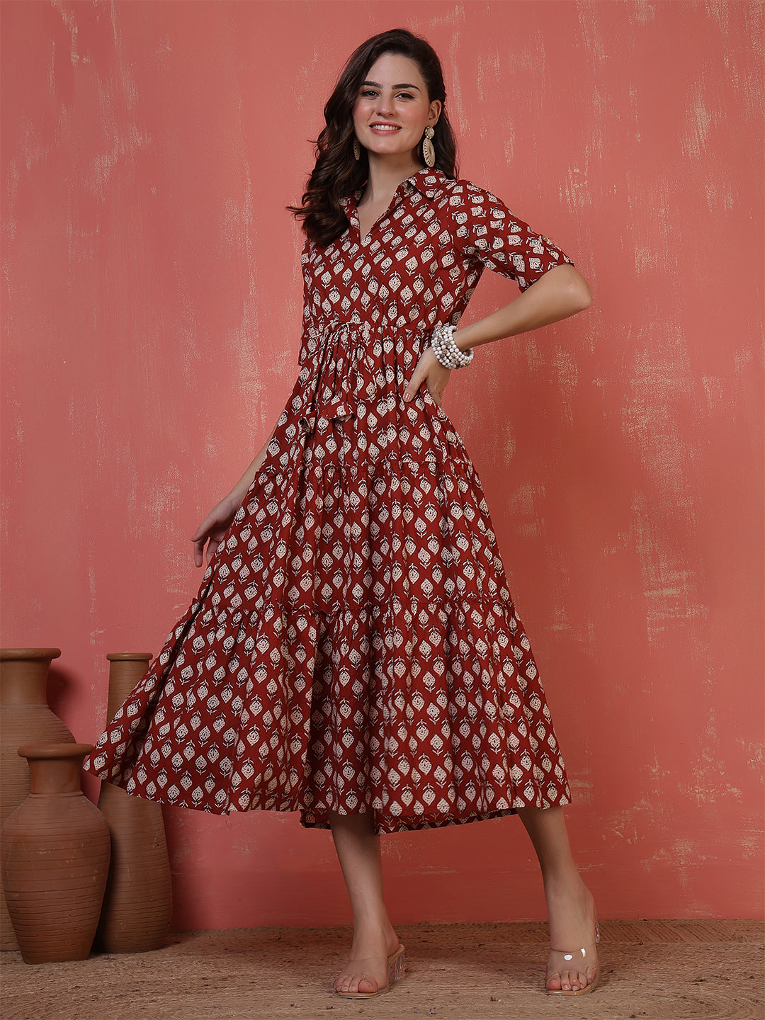 Antaran Maroon Pure Cotton Tiered Printed Dress
