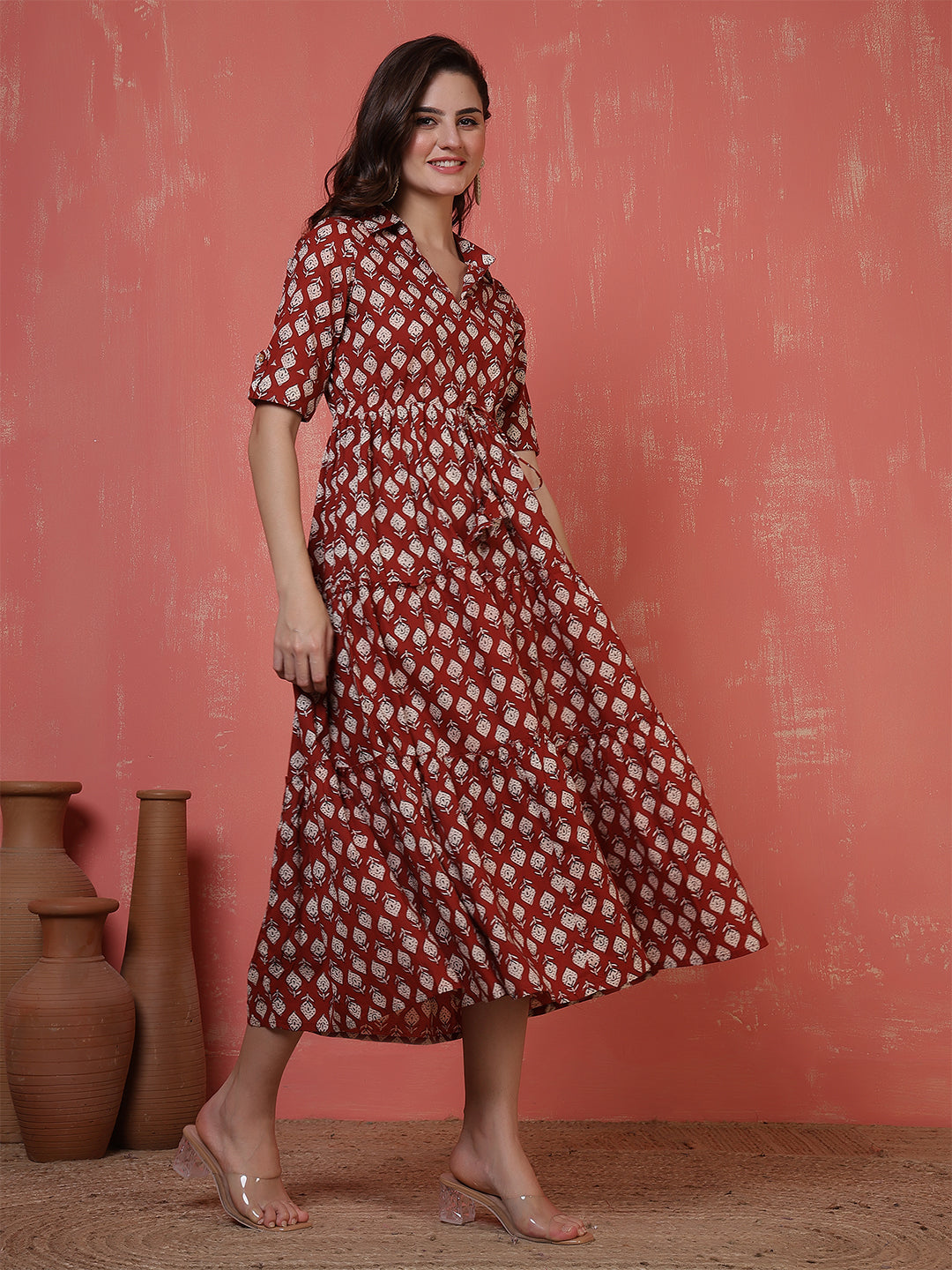 Antaran Maroon Pure Cotton Tiered Printed Dress
