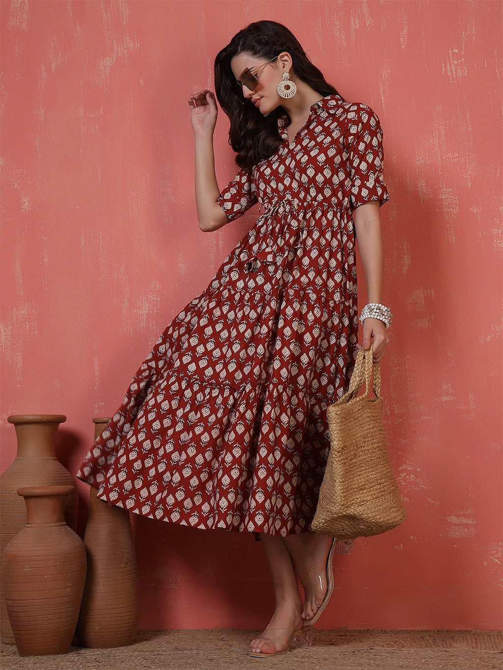 Antaran Maroon Pure Cotton Tiered Printed Dress