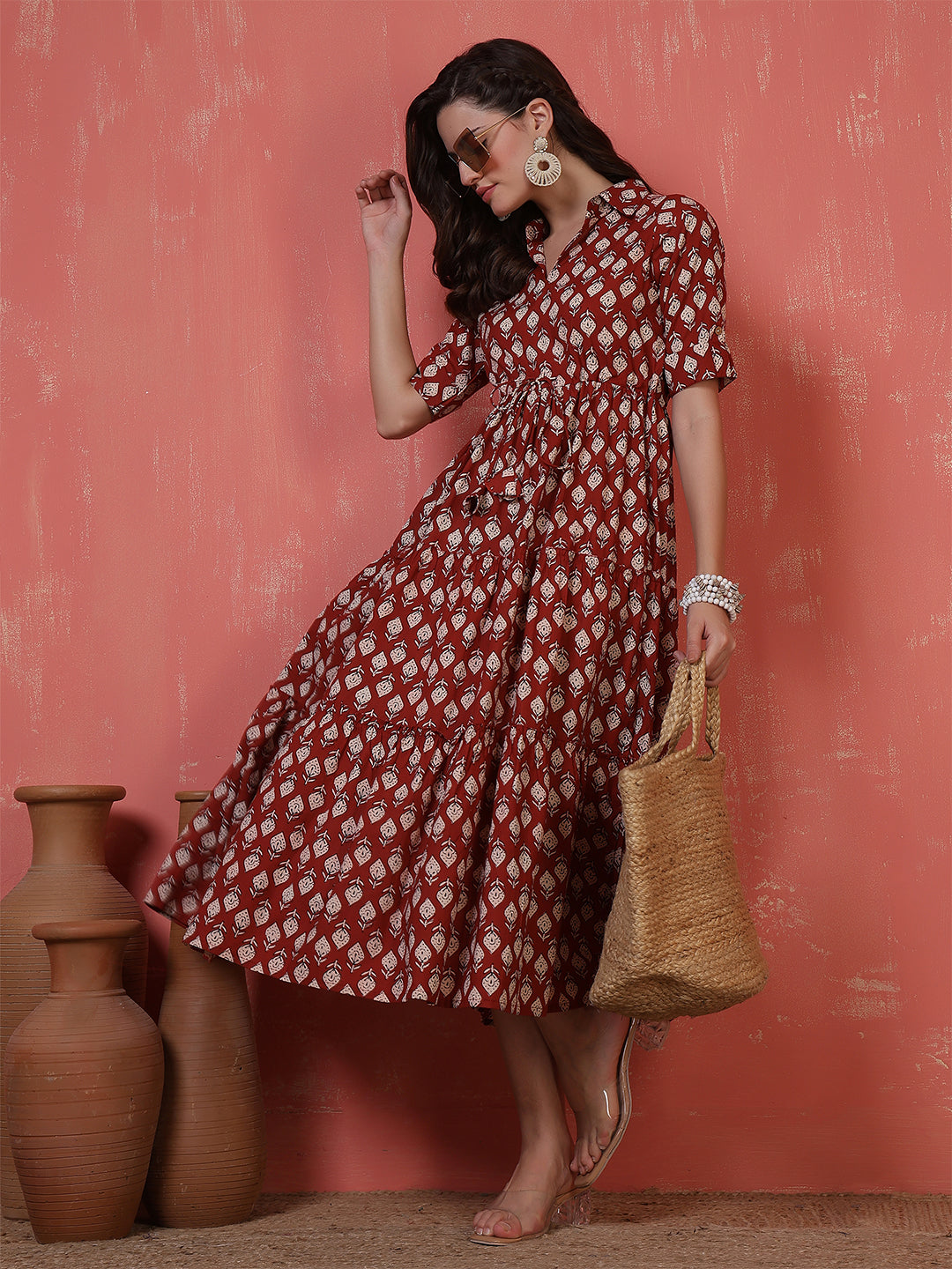 Antaran Maroon Pure Cotton Tiered Printed Dress
