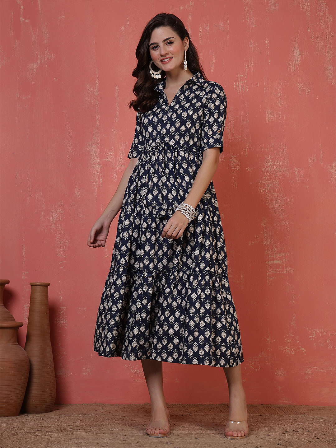 Antaran Blue Pure Cotton Tiered Printed Dress