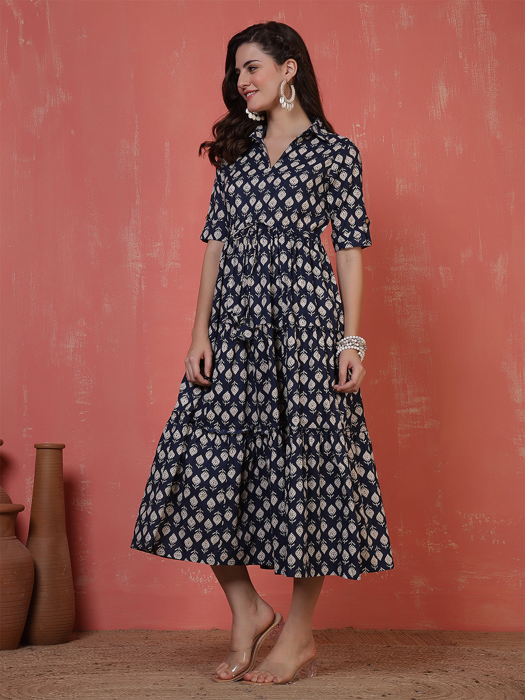 Antaran Blue Pure Cotton Tiered Printed Dress