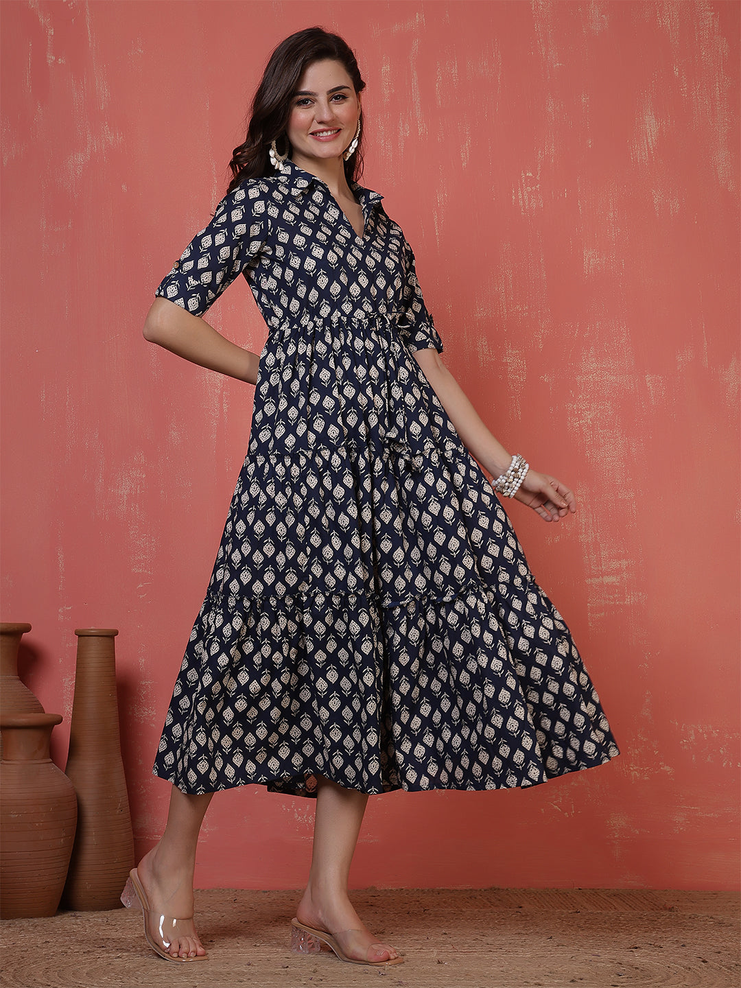 Antaran Blue Pure Cotton Tiered Printed Dress