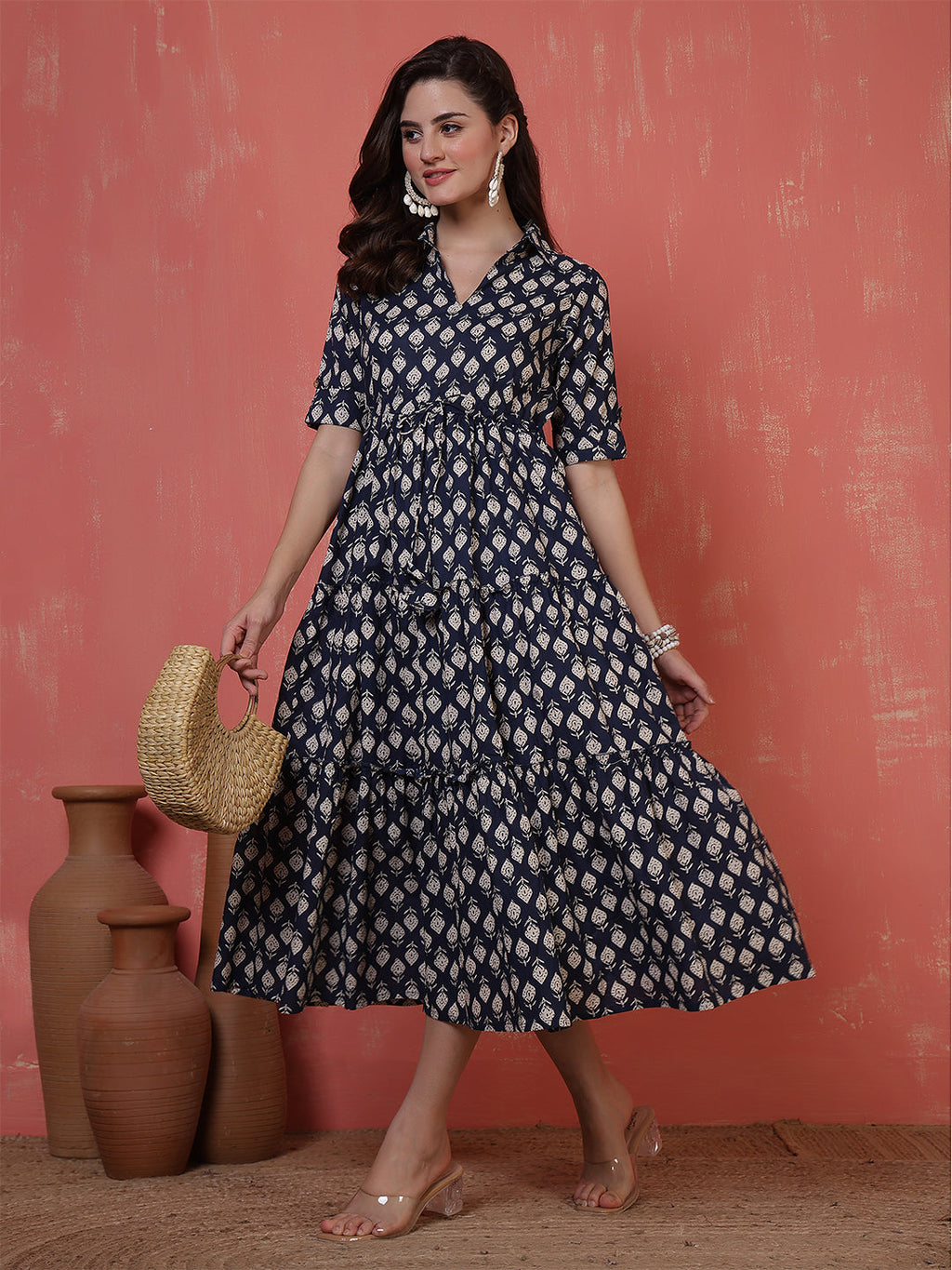 Antaran Blue Pure Cotton Tiered Printed Dress