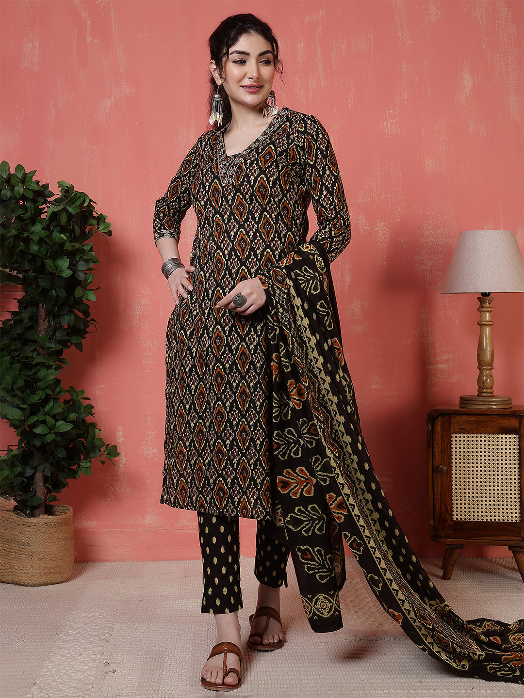 Antaran Black Pure Cotton Embroidered Kurta Pant Dupatta