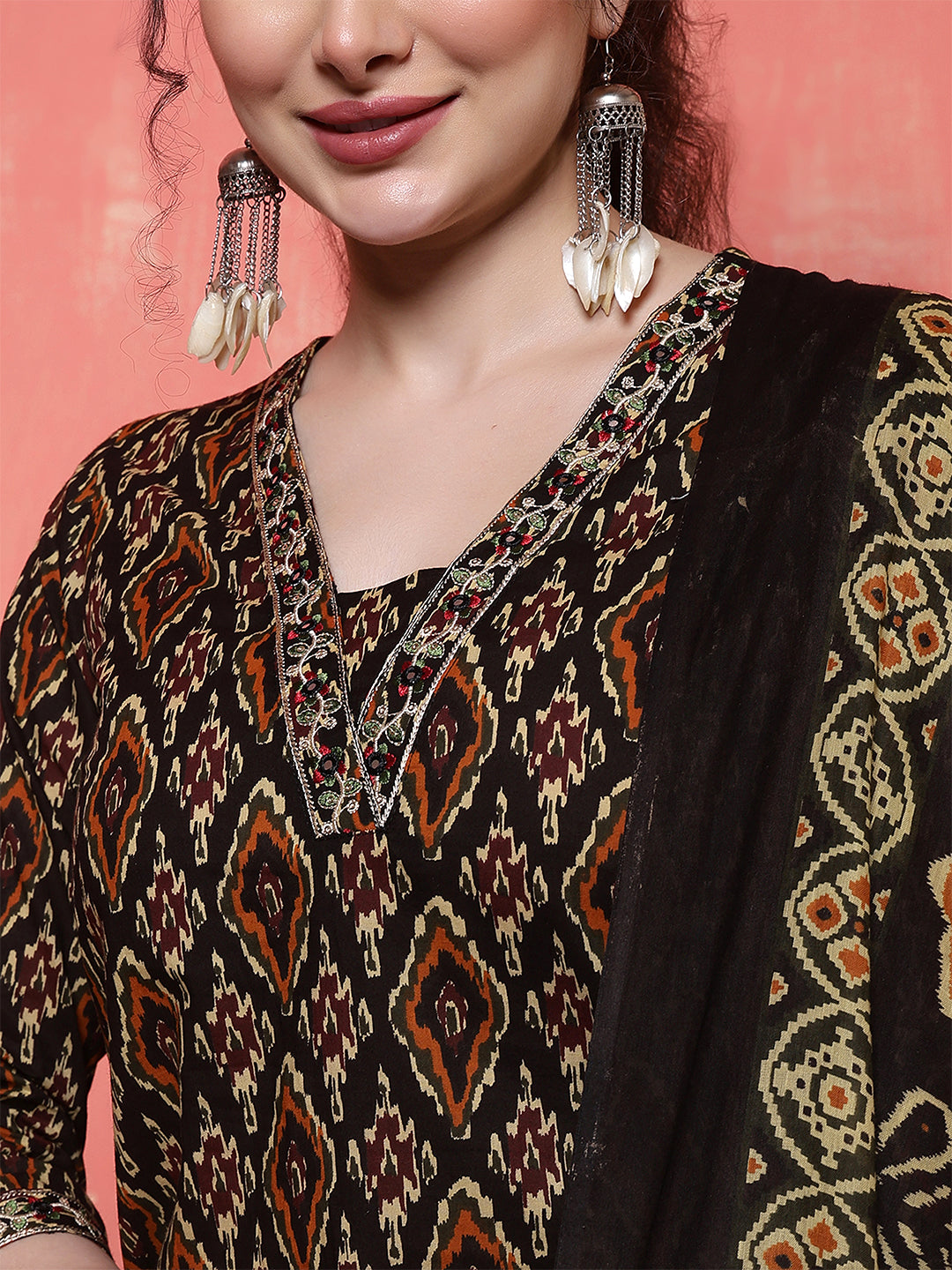 Antaran Black Pure Cotton Embroidered Kurta Pant Dupatta