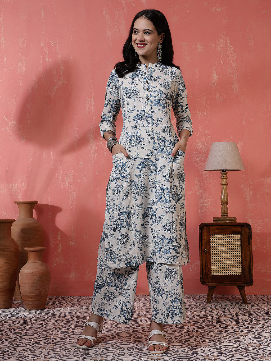 Antaran Off White Pure Cotton Printed Kurta Pant Set