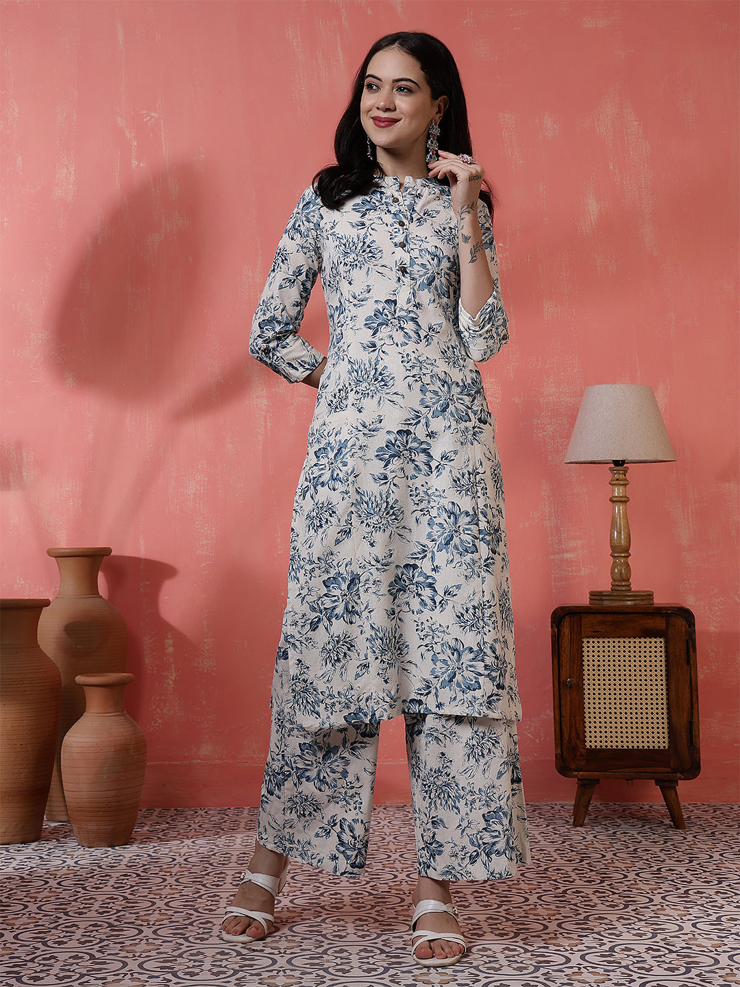 Antaran Off White Pure Cotton Printed Kurta Pant Set