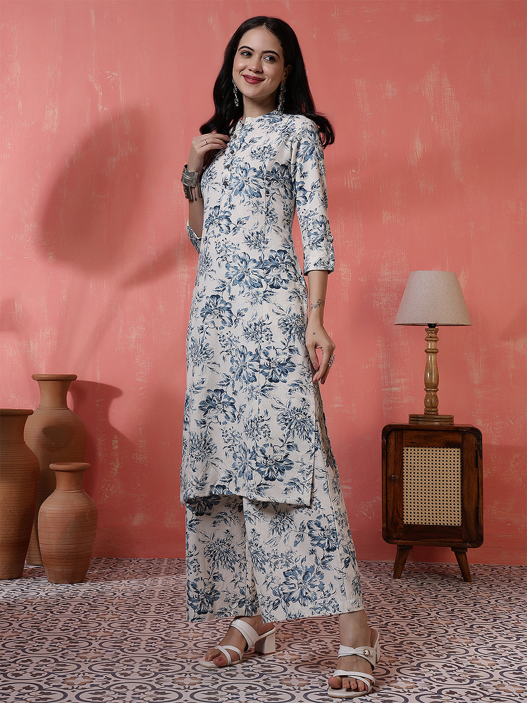 Antaran Off White Pure Cotton Printed Kurta Pant Set