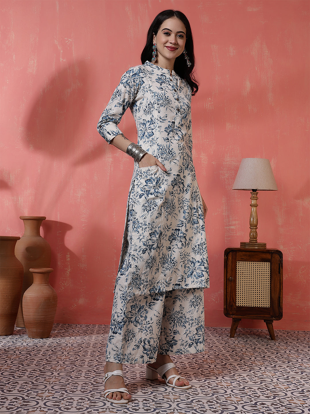 Antaran Off White Pure Cotton Printed Kurta Pant Set