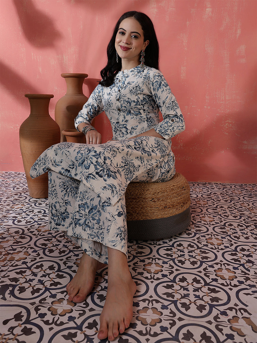 Antaran Off White Pure Cotton Printed Kurta Pant Set