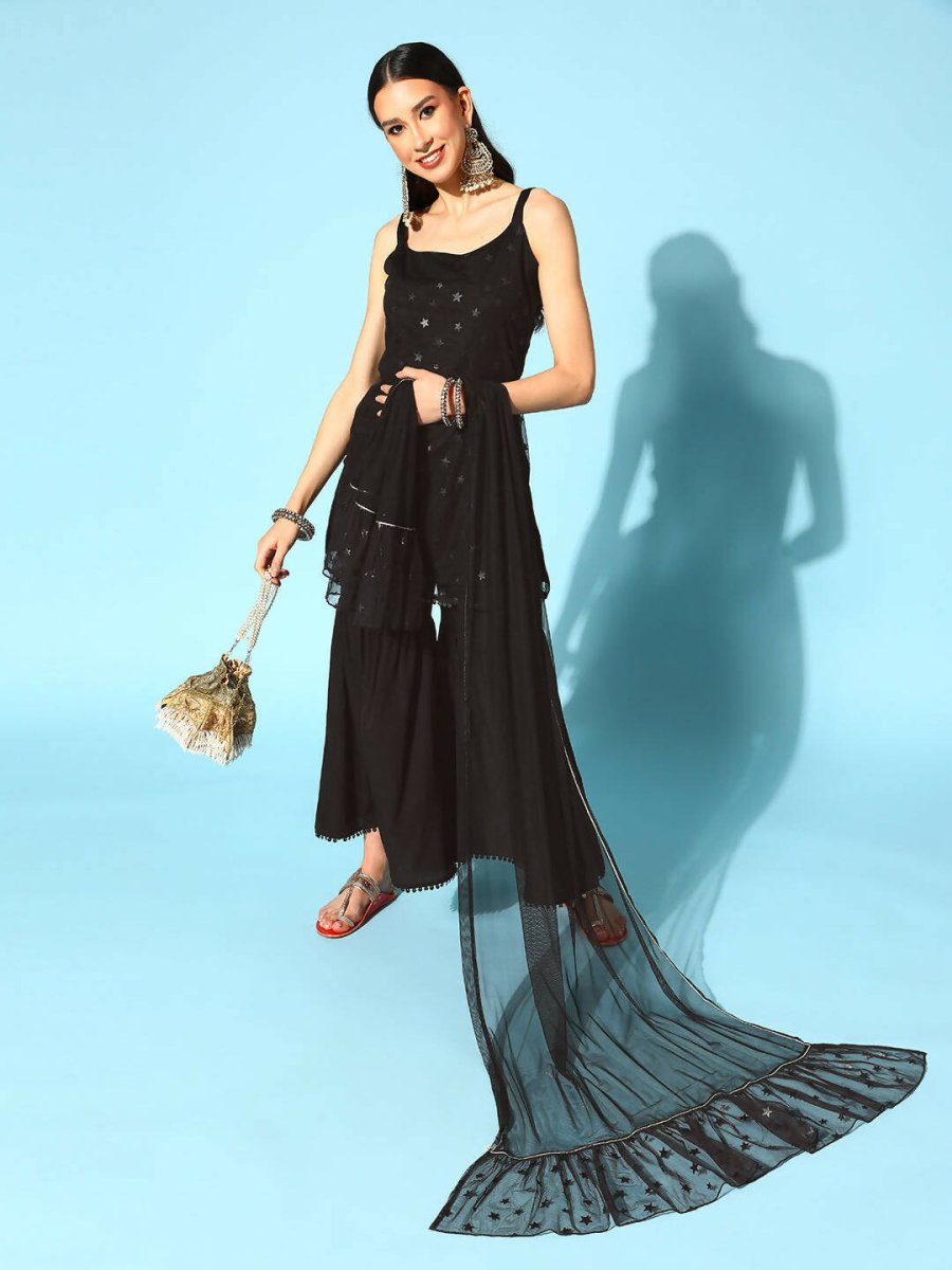 Ahalyaa Women Black Colour Crepe Foil Printed Kurta Sharara Set With Dupatta