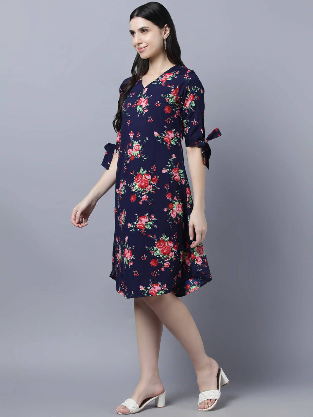 Myshka Women Navy Blue Pink Floral Print A-line Dress