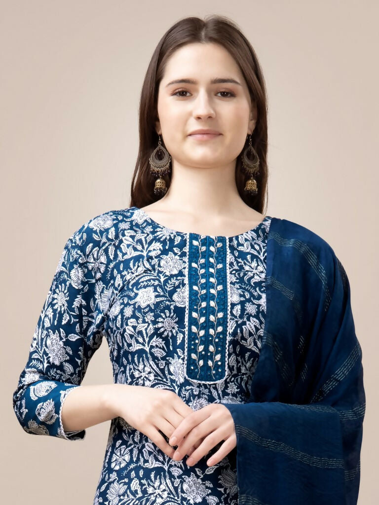 Jyoti Fashion Women's Morpich Rayon Print with Embroidery & Fancy Lace Work Kurta with Trouser & Dupatta