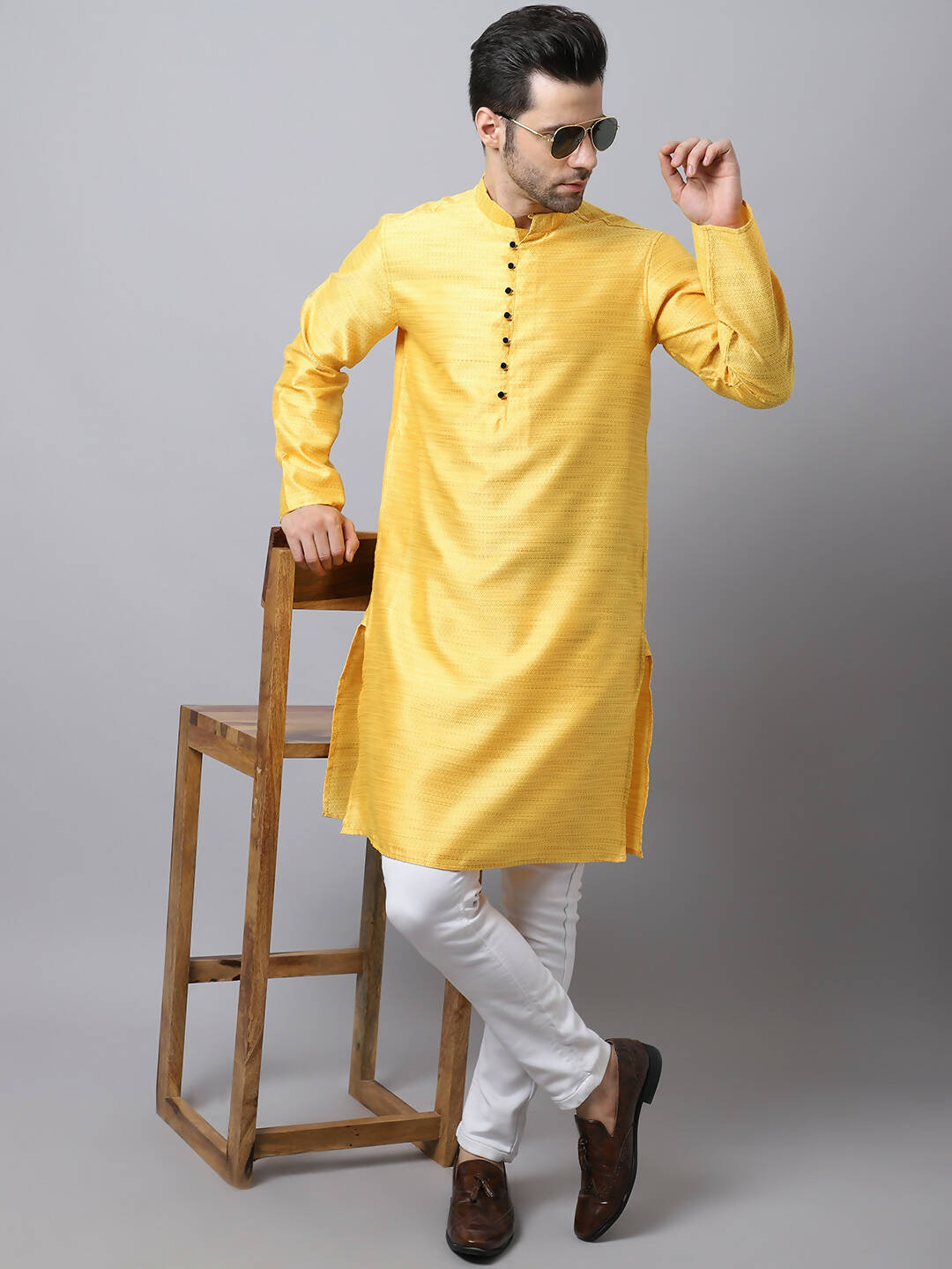Even Apparels Yellow Pure Cotton Men's Kurta With Band Collar (SLK1187)