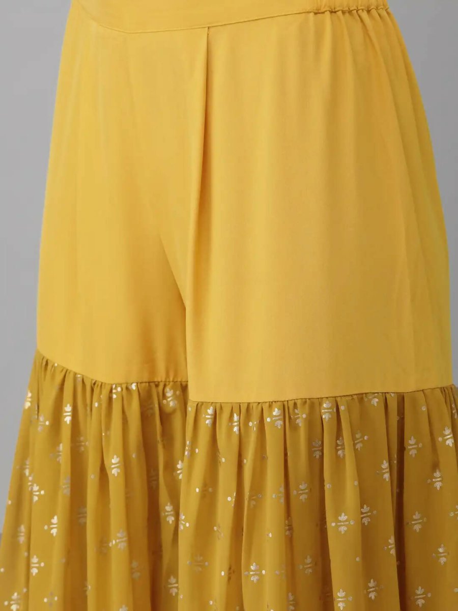Ahalyaa Mustard Georgette Gold Foil Print Peplum Kurta Sharara Set With Dupatta