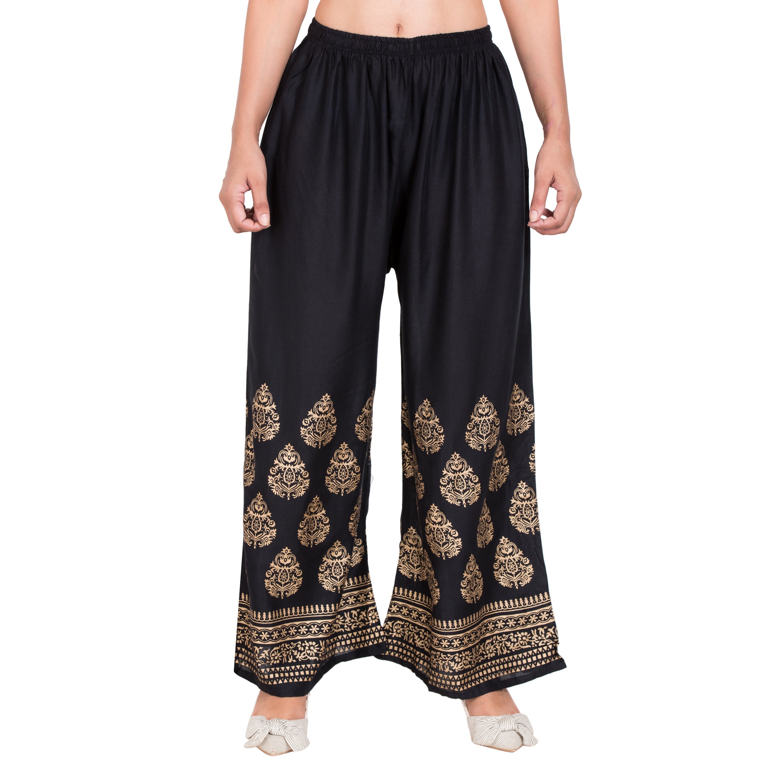 PAVONINE Black Color Golden Printed Rayon Fabric Sharara For Women