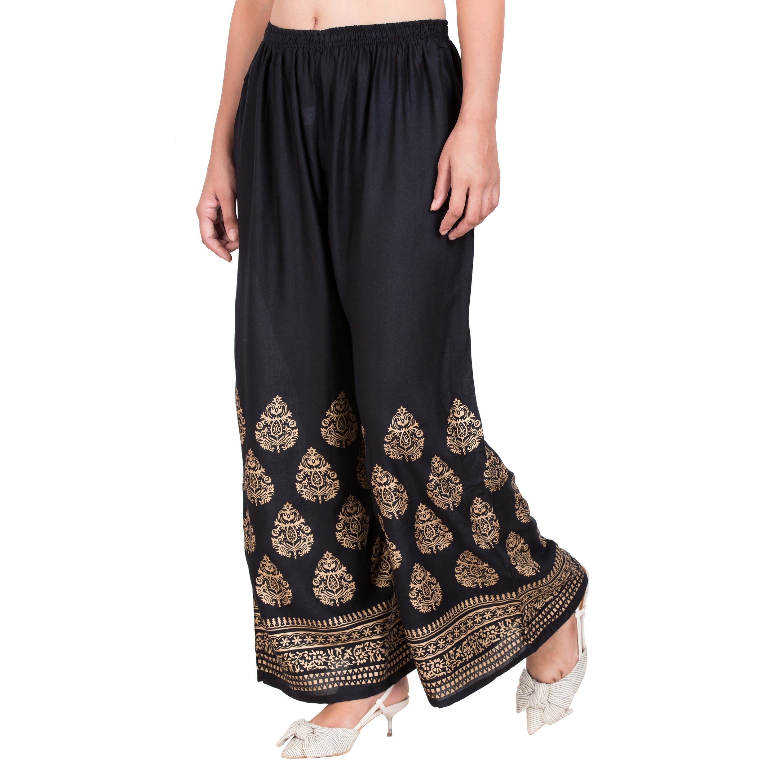 PAVONINE Black Color Golden Printed Rayon Fabric Sharara For Women