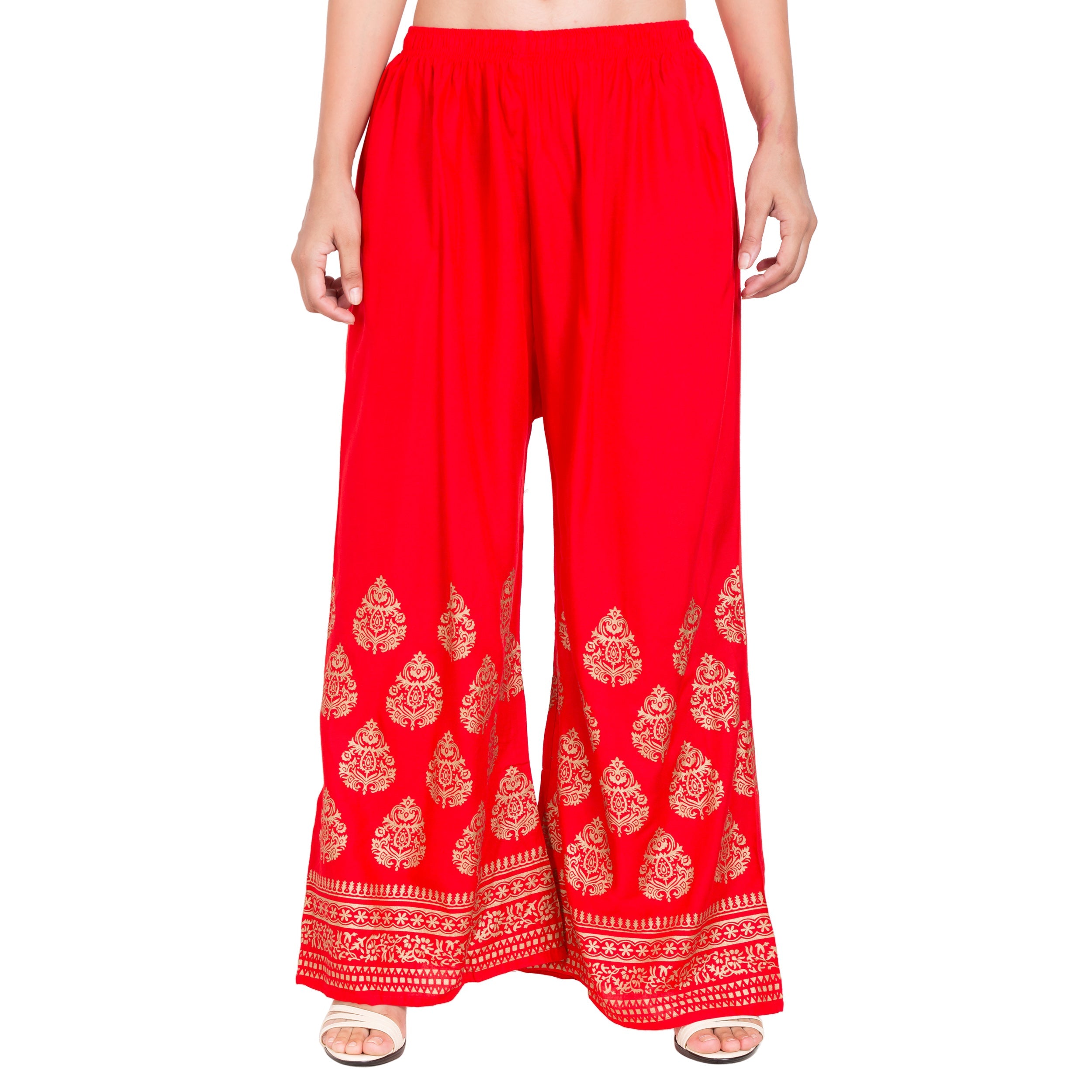 PAVONINE Red Color Golden Printed Rayon Fabric Sharara For Women