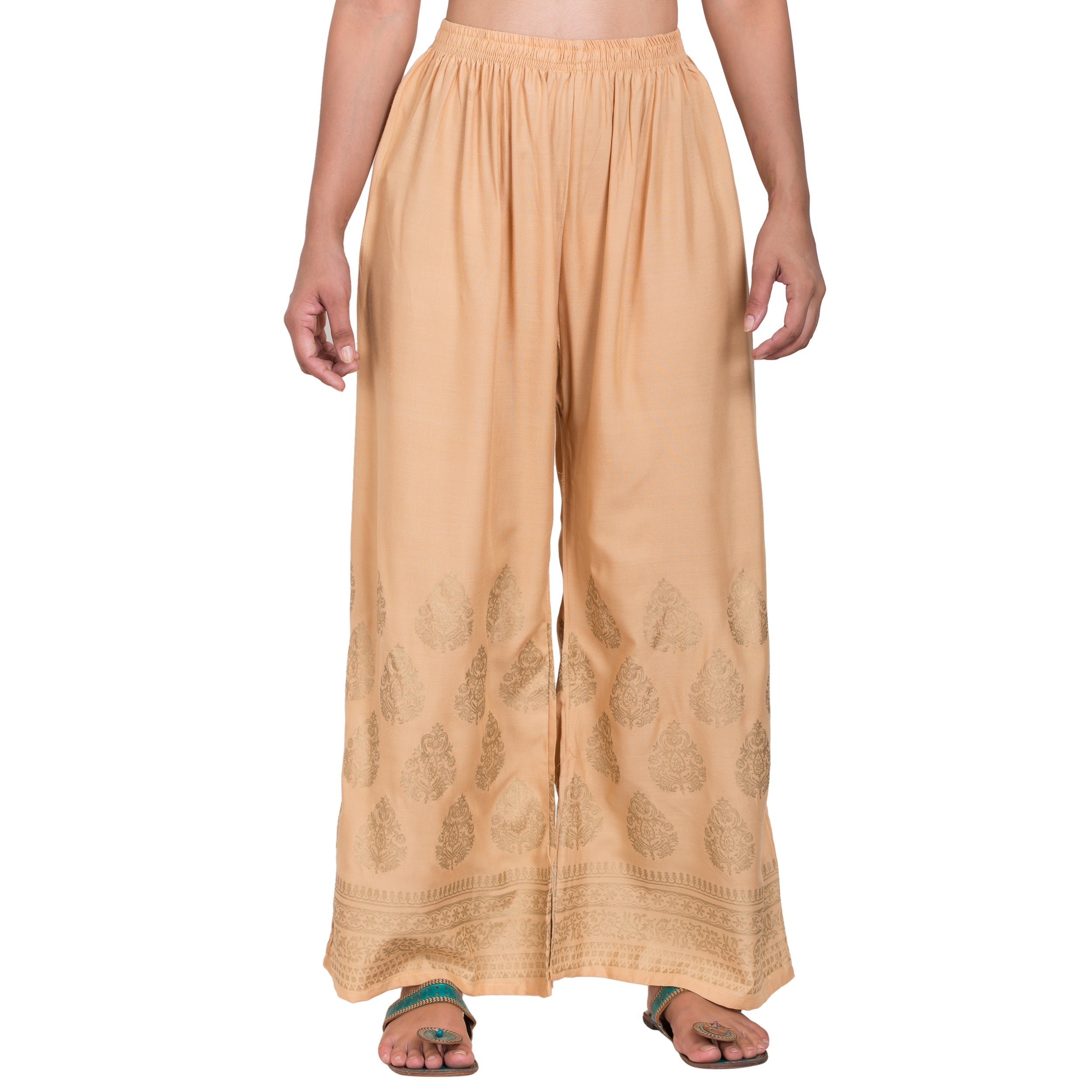 PAVONINE Beige Color Golden Printed Rayon Fabric Sharara For Women