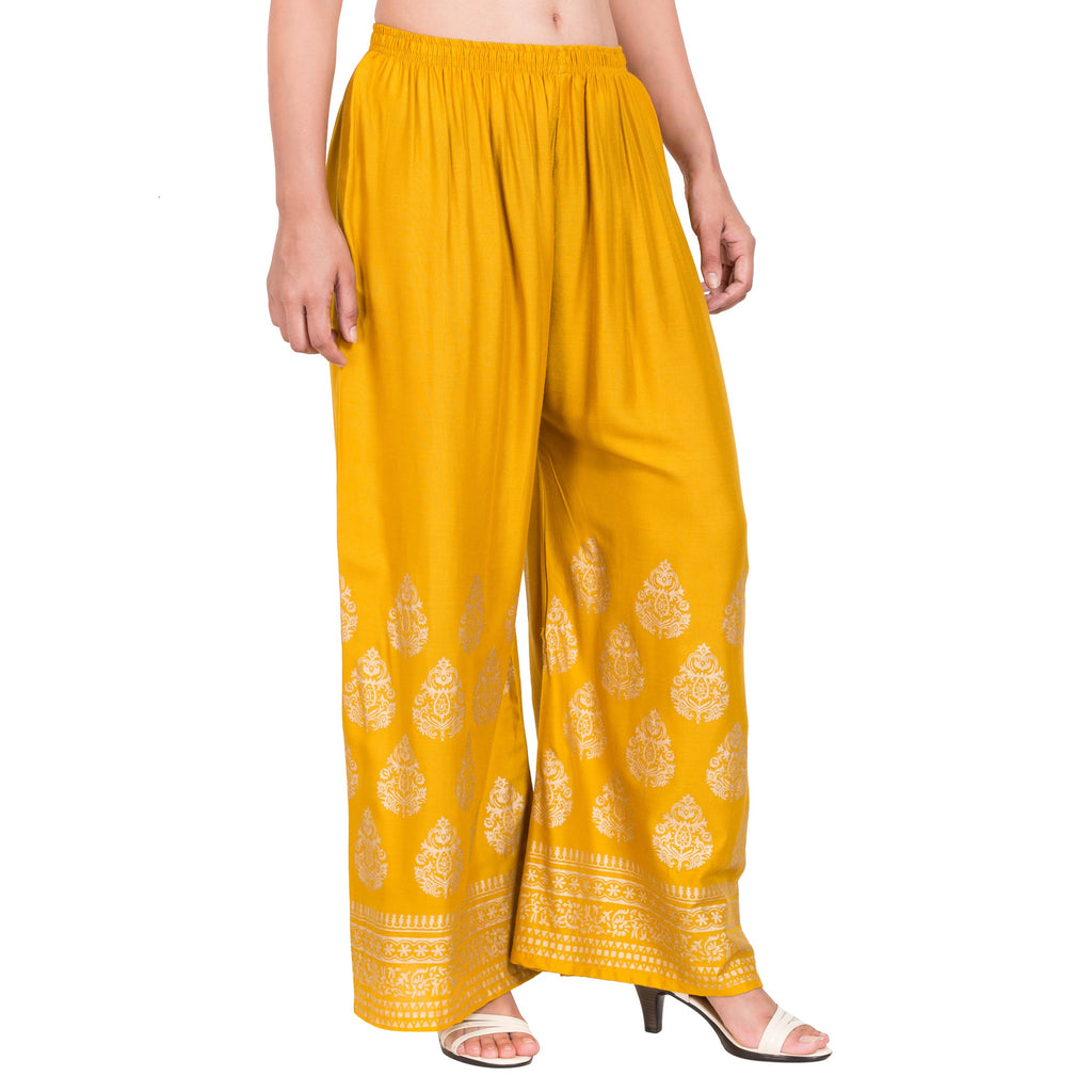 PAVONINE Mustard Color Golden Printed Rayon Fabric Sharara For Women