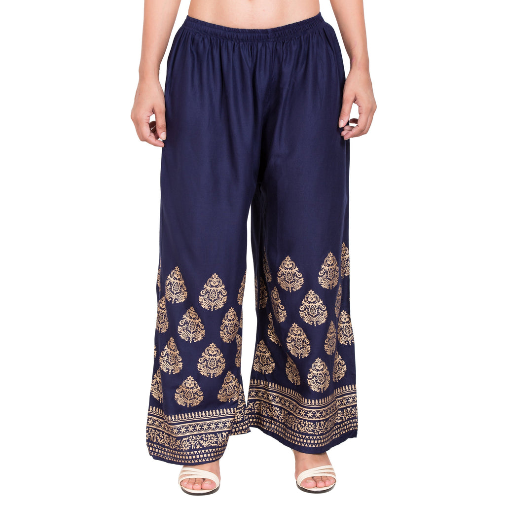 PAVONINE Navy Blue Color Golden Printed Rayon Fabric Sharara For Women