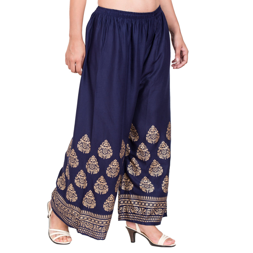 PAVONINE Navy Blue Color Golden Printed Rayon Fabric Sharara For Women