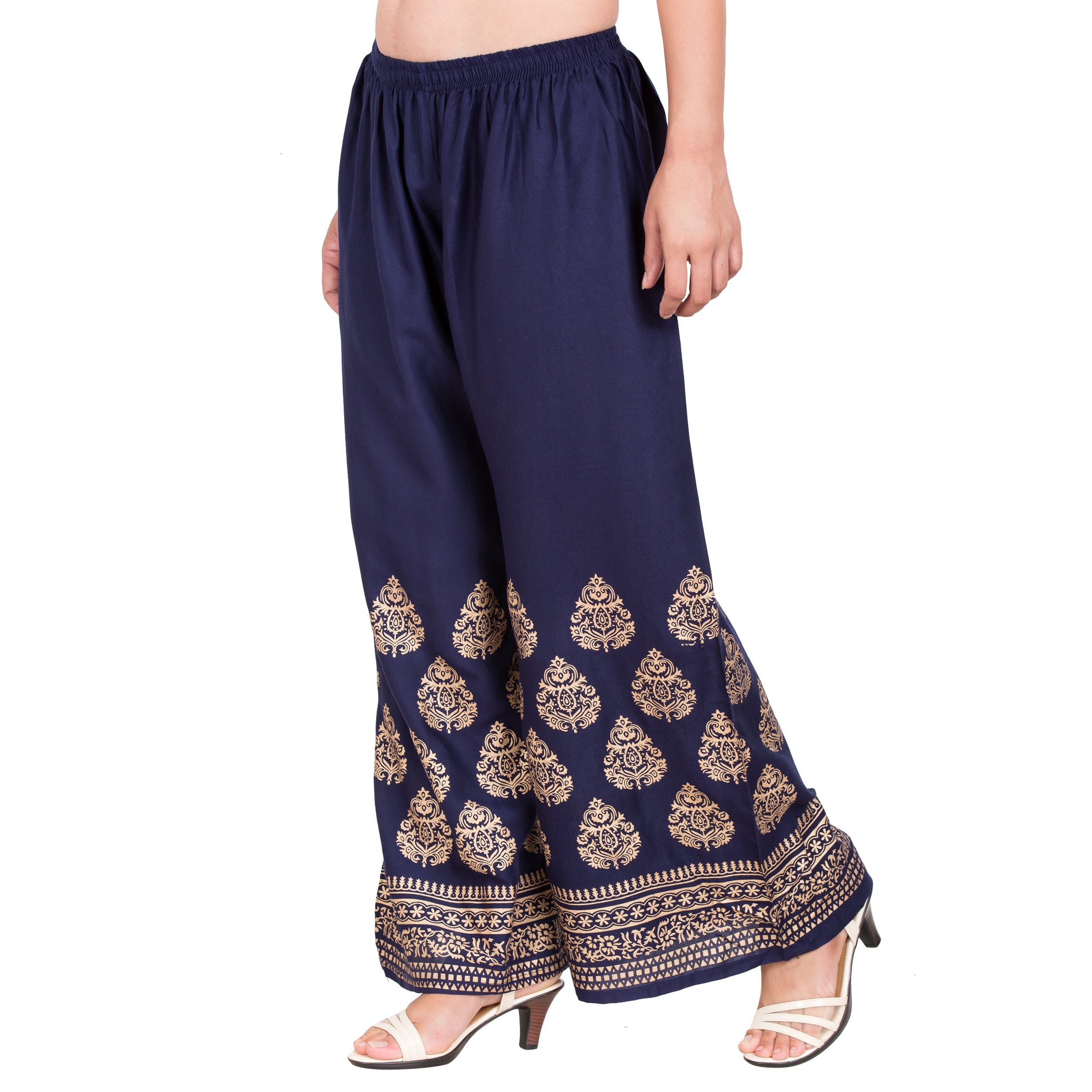 PAVONINE Navy Blue Color Golden Printed Rayon Fabric Sharara For Women