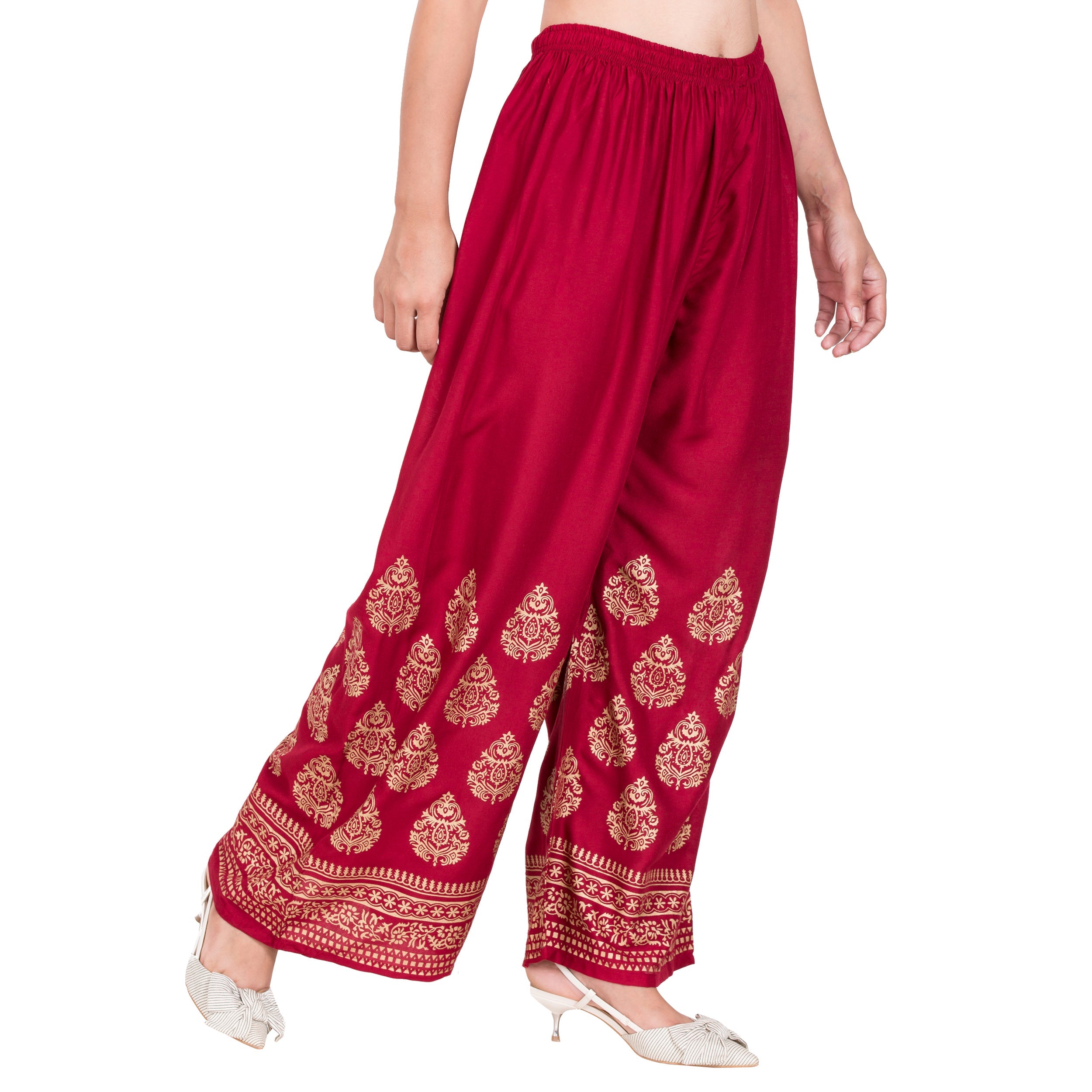 PAVONINE Maroon Color Golden Printed Rayon Fabric Sharara For Women