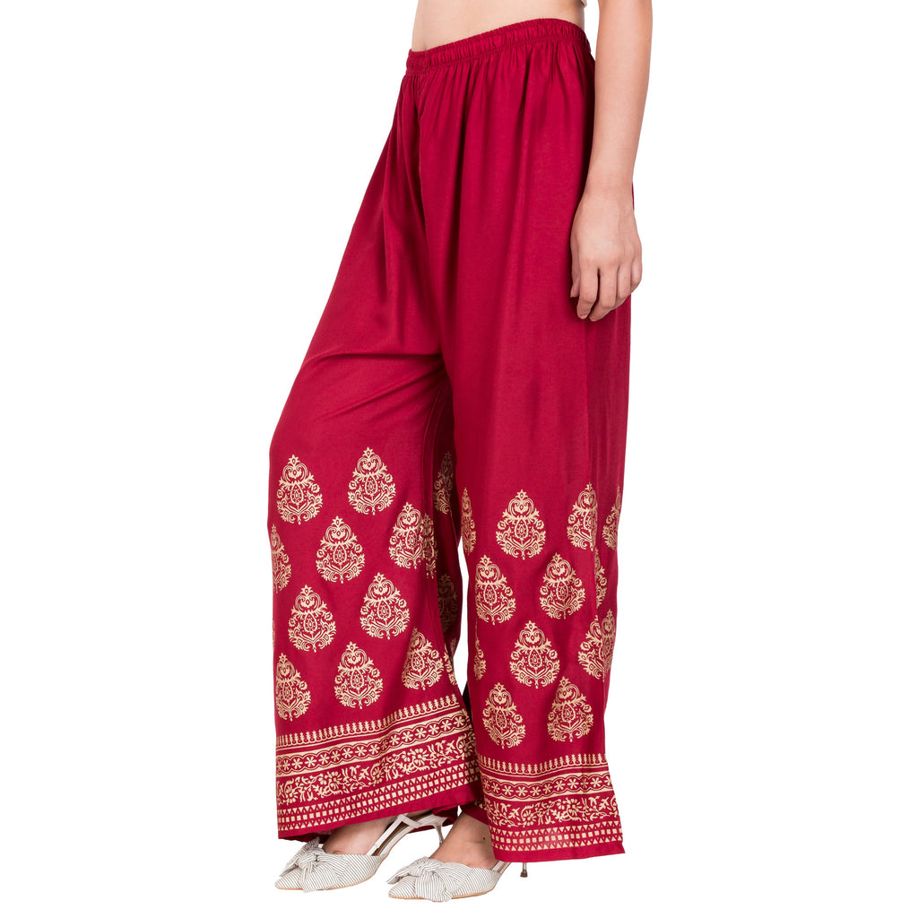 PAVONINE Maroon Color Golden Printed Rayon Fabric Sharara For Women