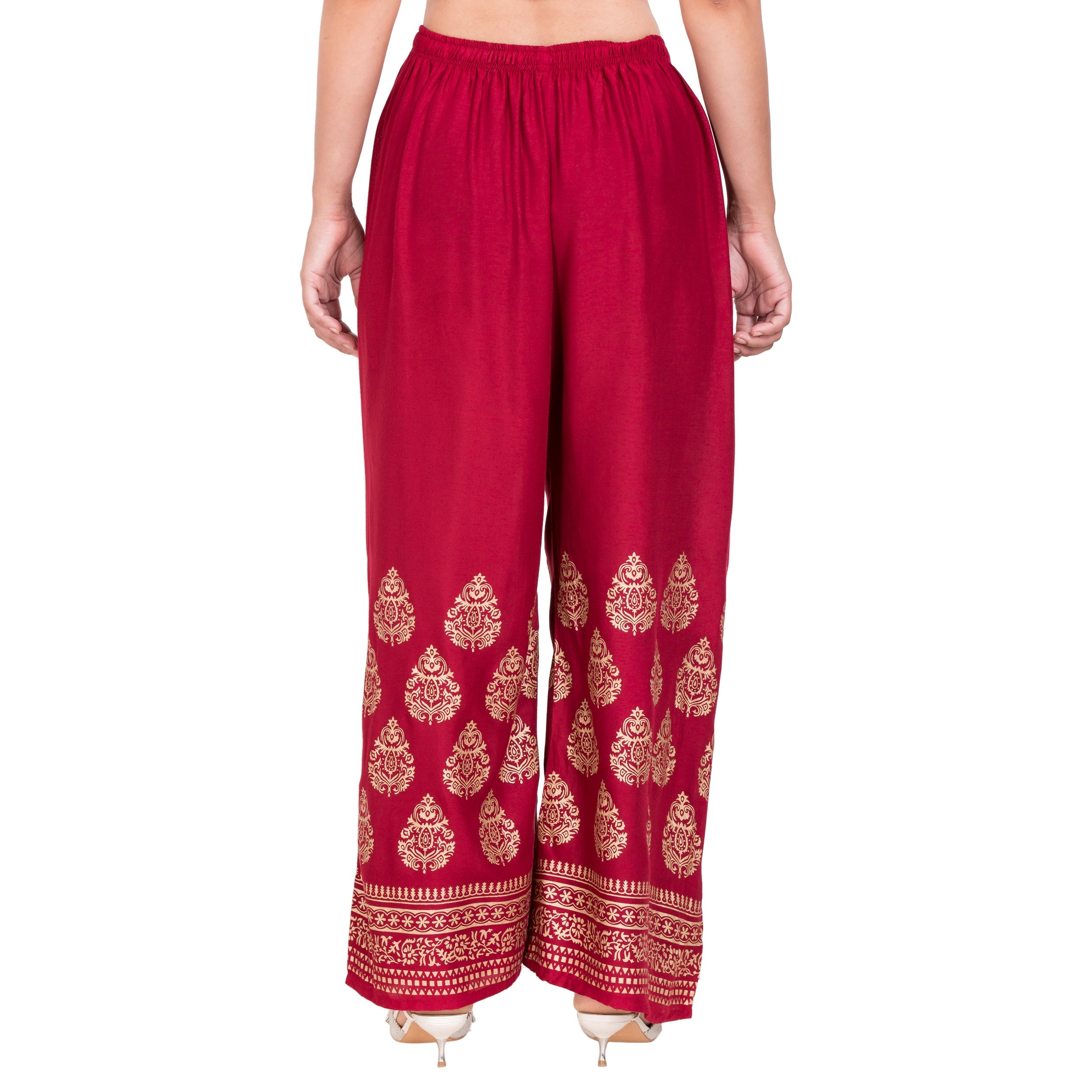 PAVONINE Maroon Color Golden Printed Rayon Fabric Sharara For Women