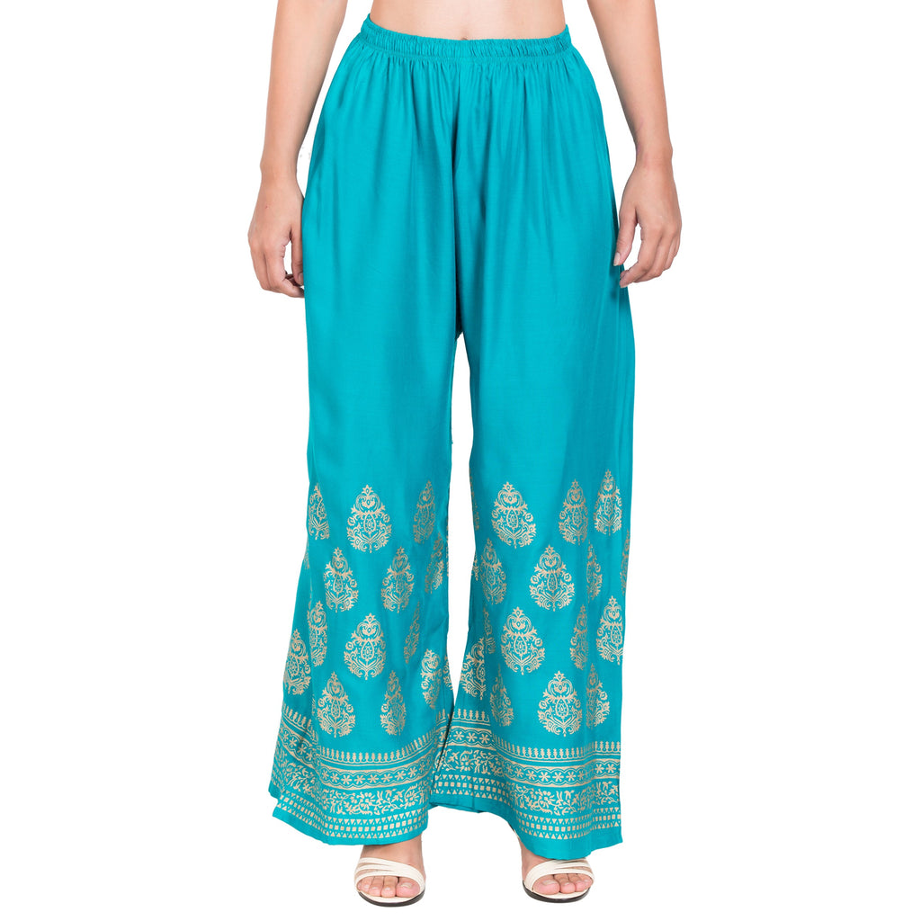 PAVONINE Rama Green Color Golden Printed Rayon Fabric Sharara For Women