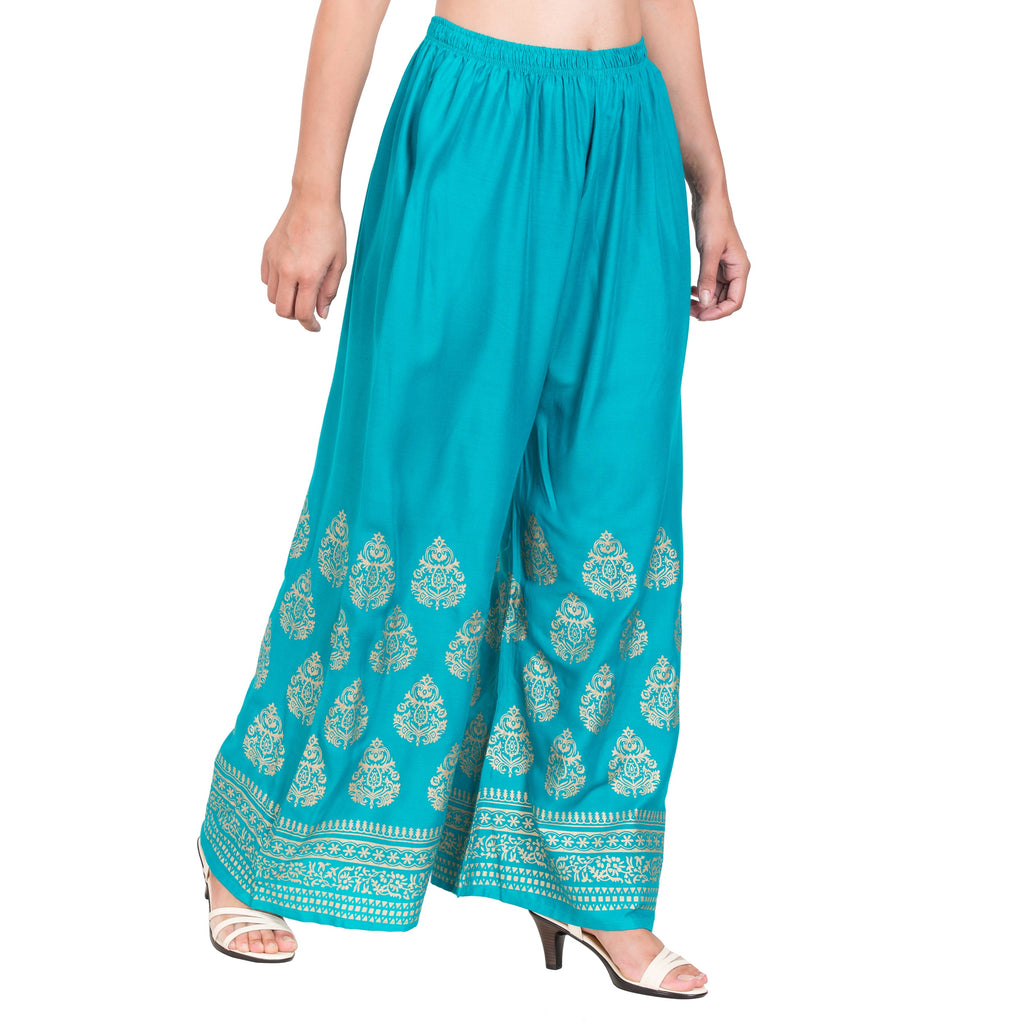 PAVONINE Rama Green Color Golden Printed Rayon Fabric Sharara For Women