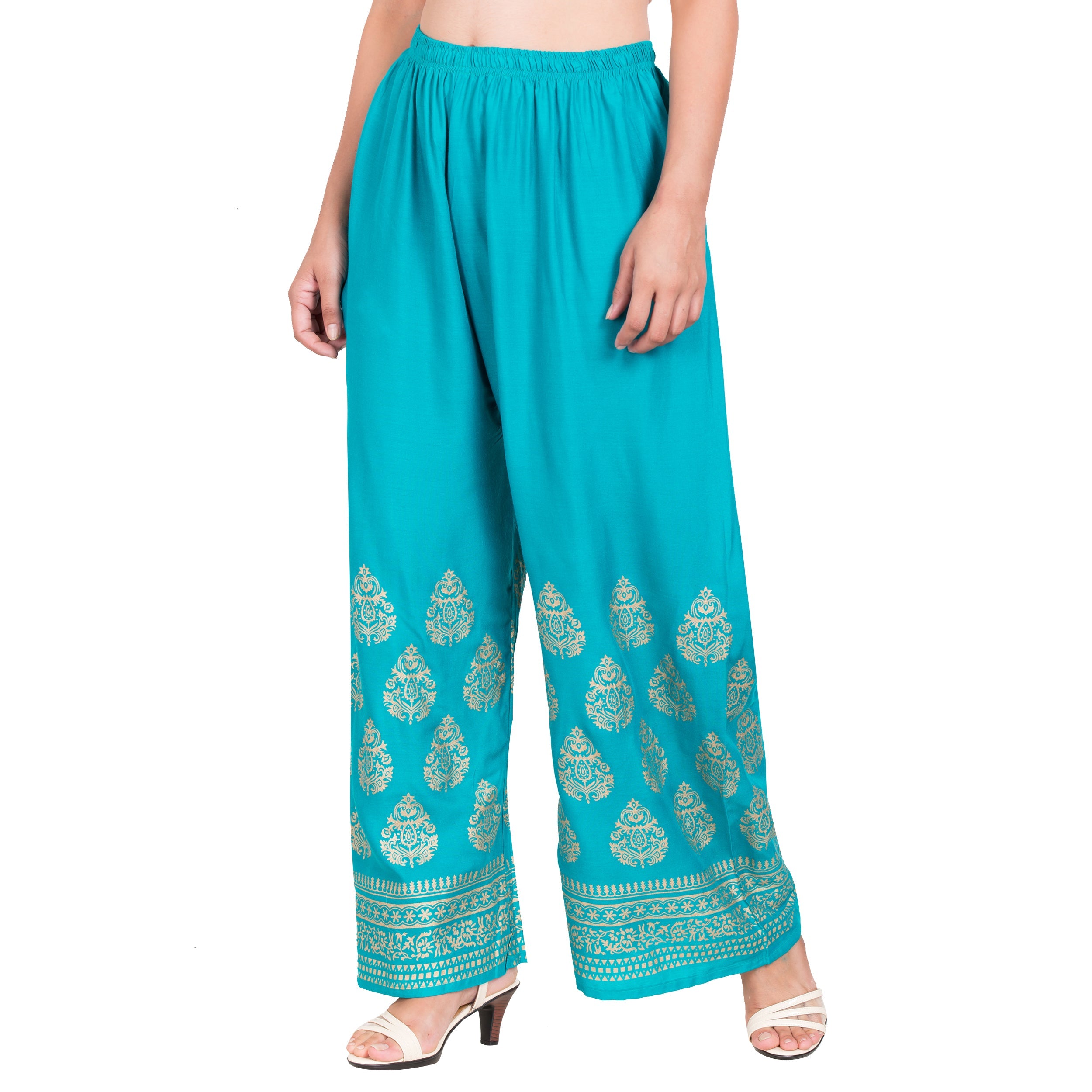 PAVONINE Rama Green Color Golden Printed Rayon Fabric Sharara For Women