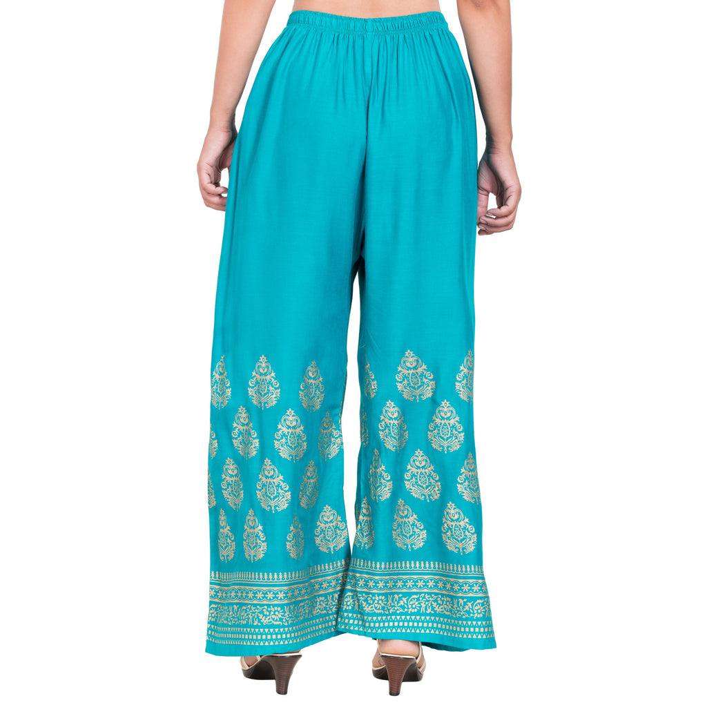 PAVONINE Rama Green Color Golden Printed Rayon Fabric Sharara For Women