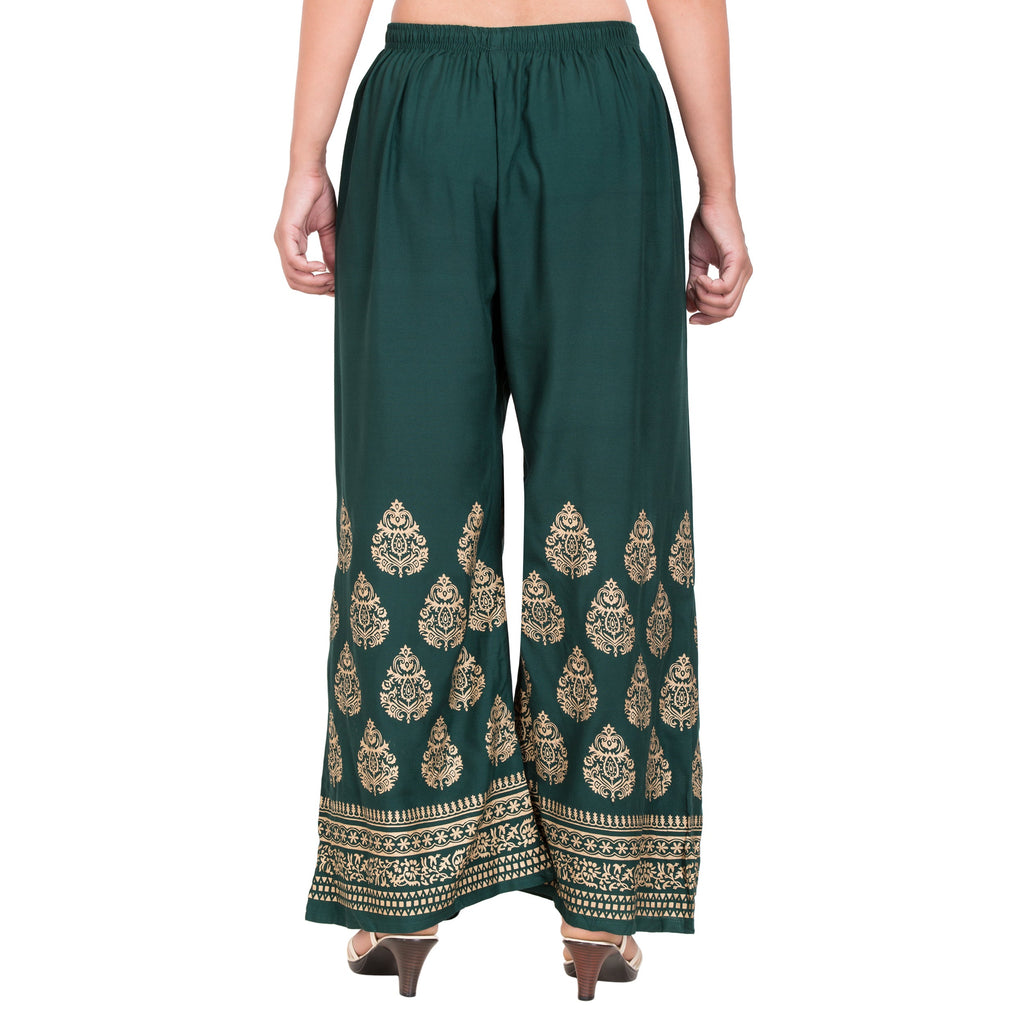 PAVONINE Bottle Green Color Golden Printed Rayon Fabric Sharara For Women
