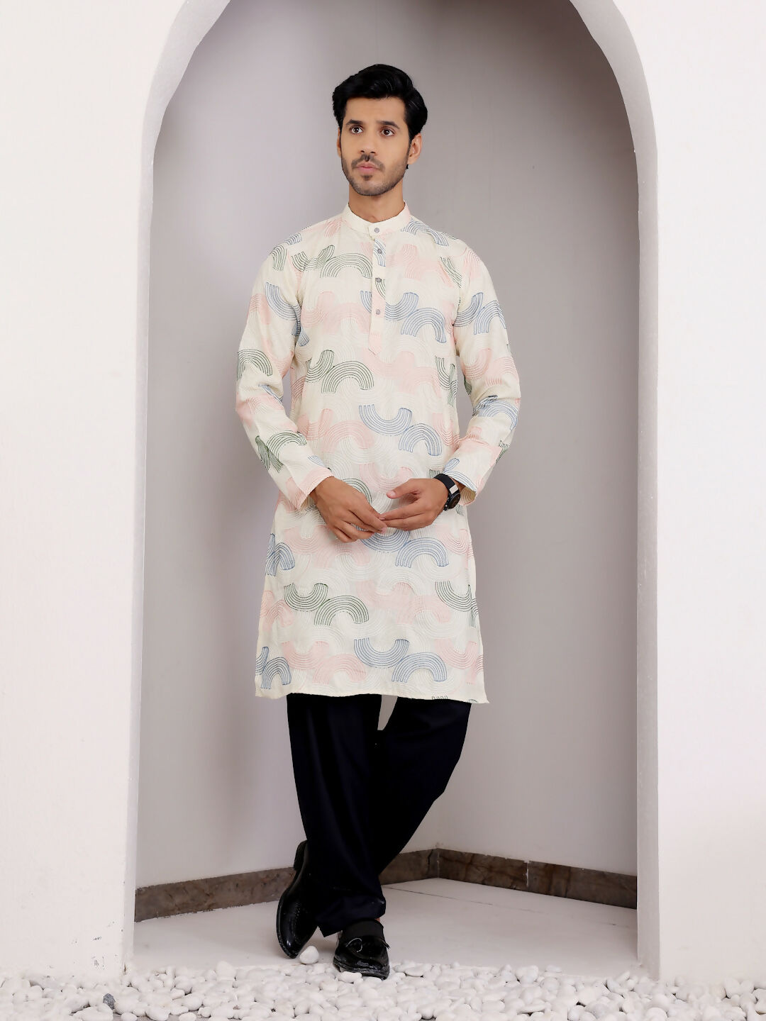 Cream Linen Designer Embroidery Work Men's Rajwadi Kurta Set - Mahotsav