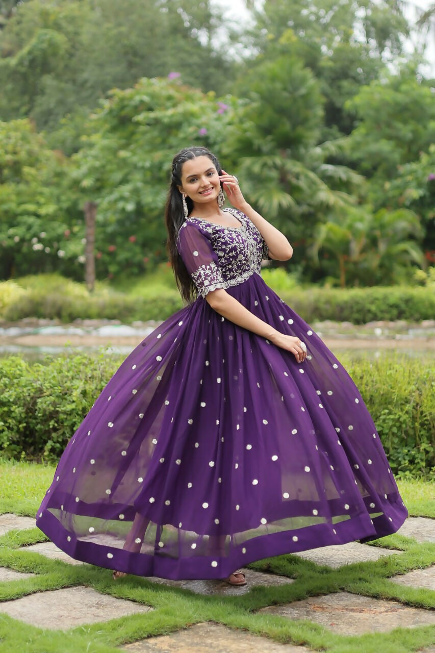 Vastranavya Premium Designer Faux Blooming with Embroidery Zari Sequins work Gown - Purple