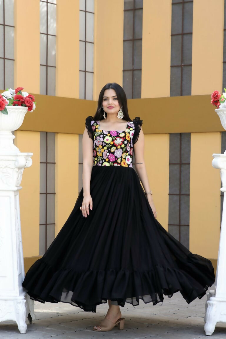 Jyoti Fashion Women's Black Sequins Thread Embroidery Faux Blooming Anarkali Dress