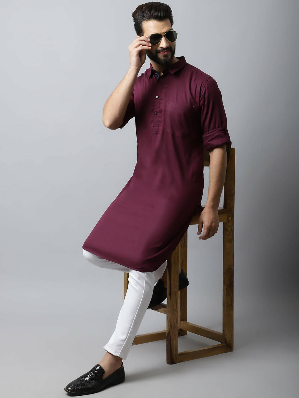 Even Apparels Maroon Color Pure Cotton Solid Men's Kurta With Shirt Collar (MMS755)