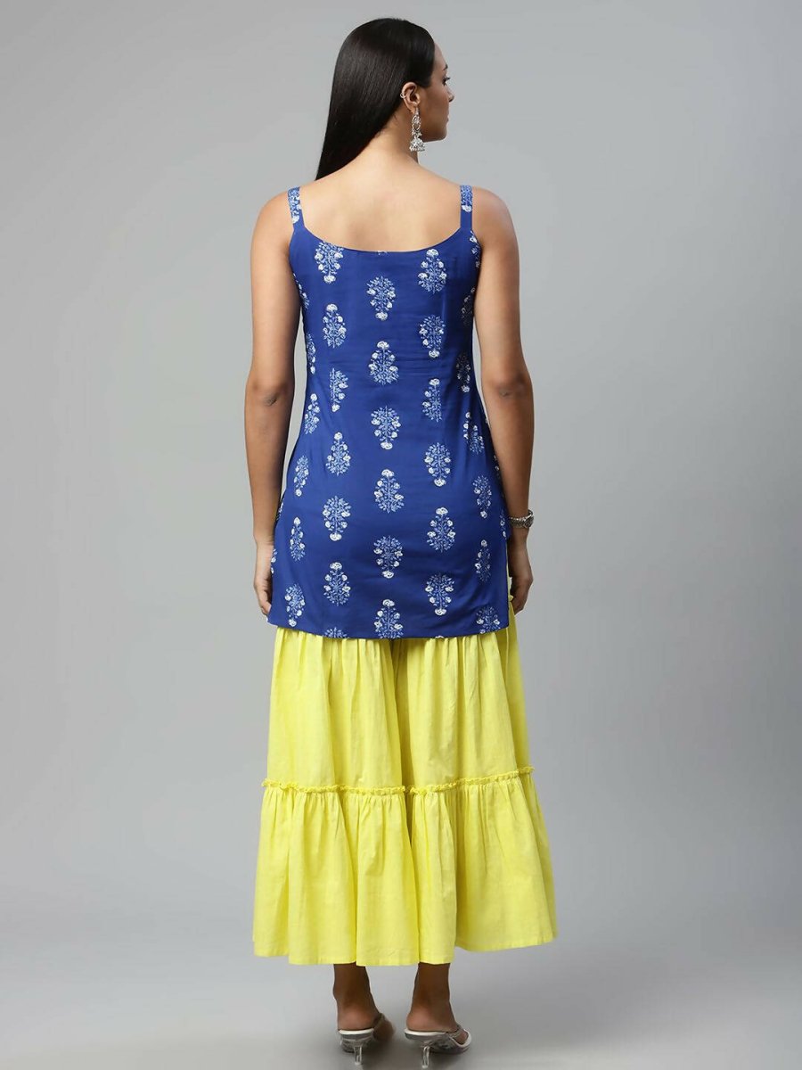 Ahalyaa Womens Royal Blue Pure Cotton Printed Tunic Sharara Set
